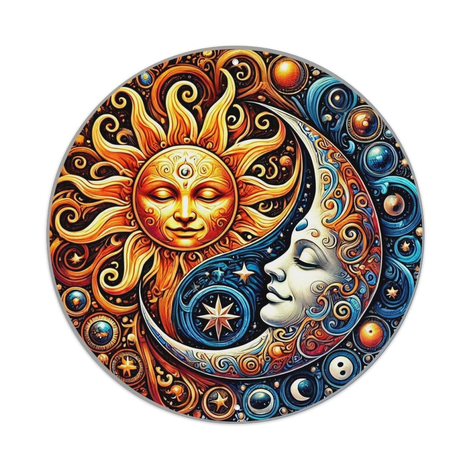 Sun And Moon Celestial Art Retro Metal Tin Sign, Vintage Metal Poster for home, Gaming Room, Studio Workshop,Bar,Garage Wall Art Decor 8x8 inch