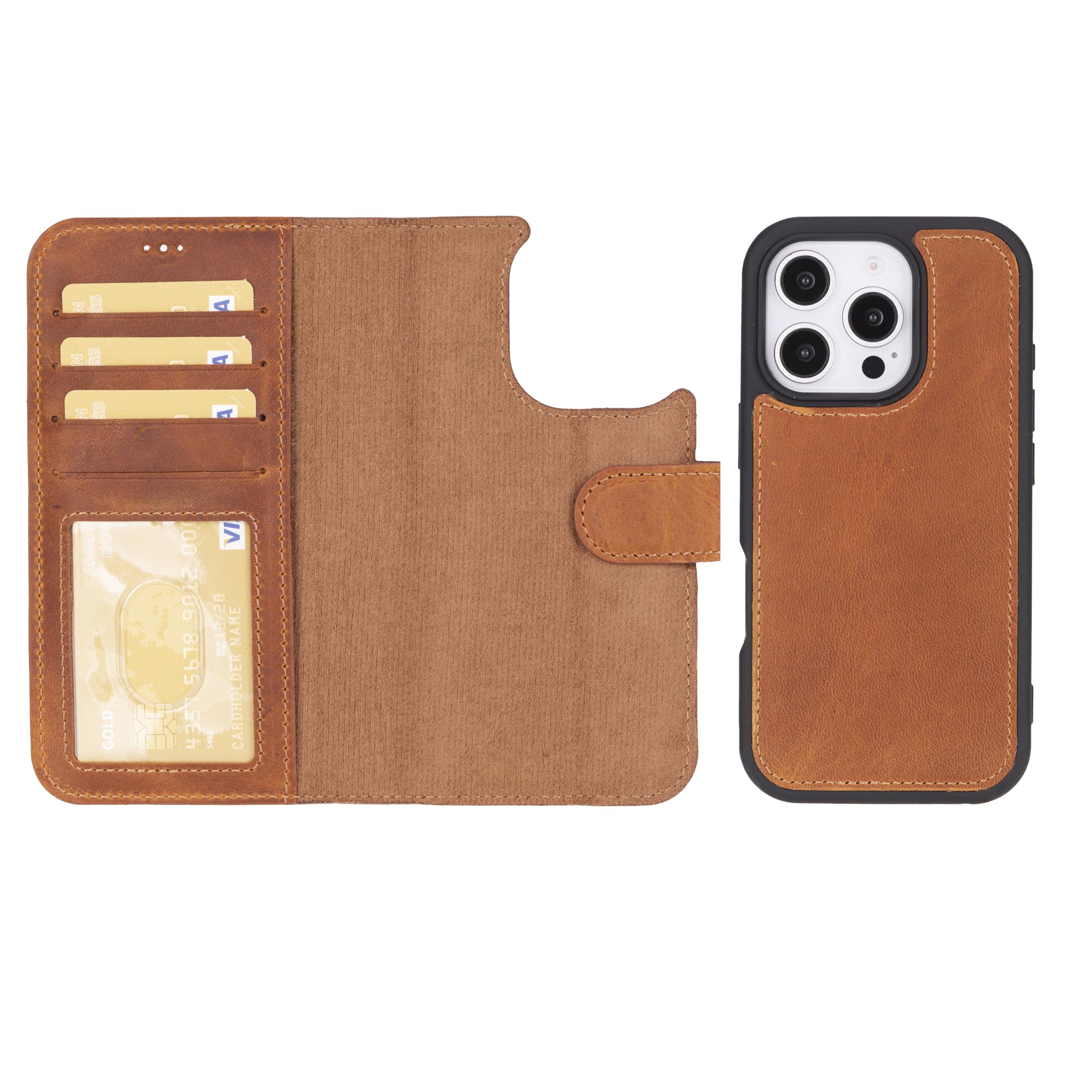 Funda tipo cartera de piel auténtica compatible con iPhone 16 Pro, carga inalámbrica magnética (compatible con MagSafe), funda tipo libro con tarjetero, bloqueo RFID, soporte, 6.3 pulgadas (marrón