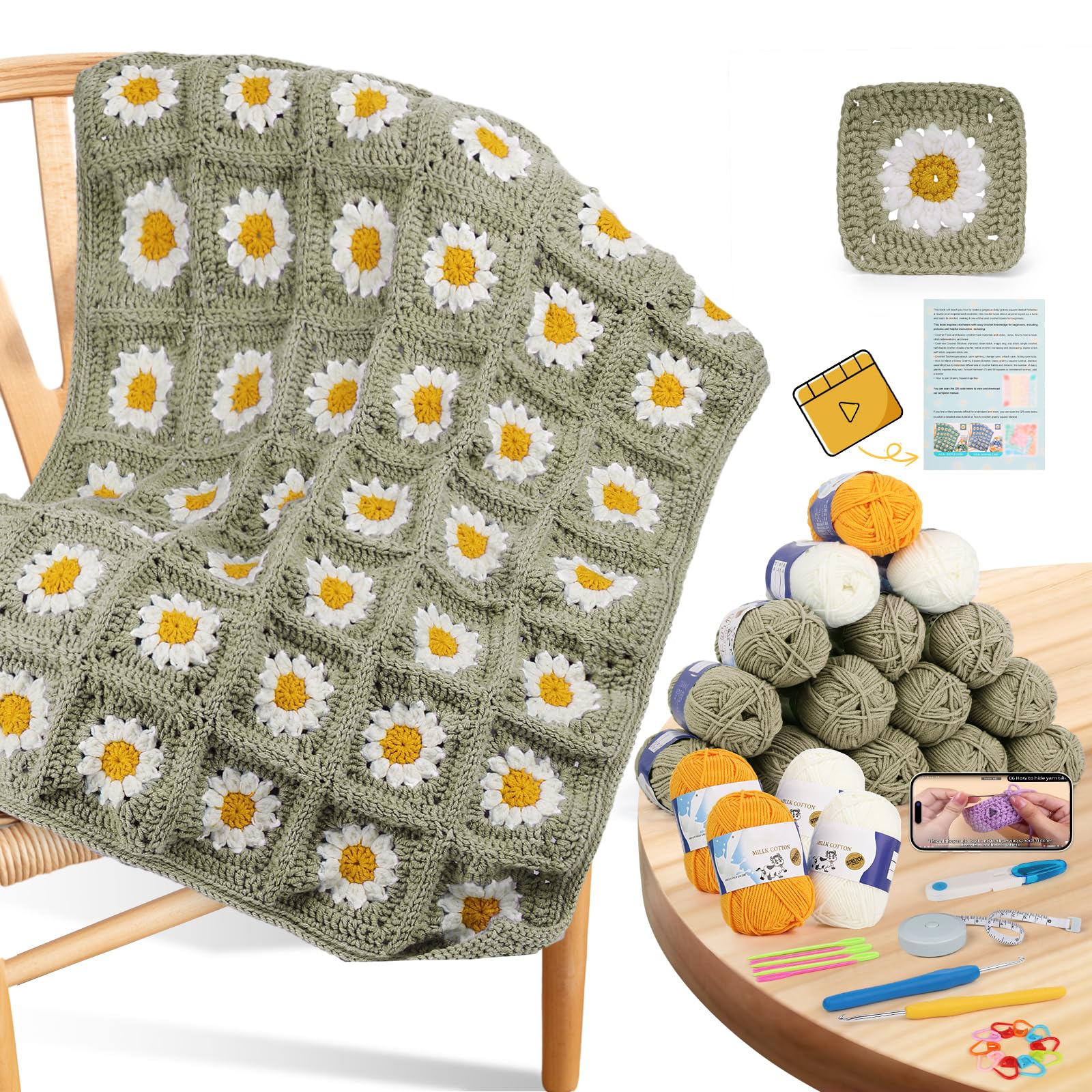 Coopay Häkeldecken-Set für Anfänger, quadratisches All-in-One-Set mit Schritt-für-Schritt-Video und genug Garnen – Meister Oma quadratisch häkeln einfach, ideales Geschenk für Bastelliebhaber (Kamel)