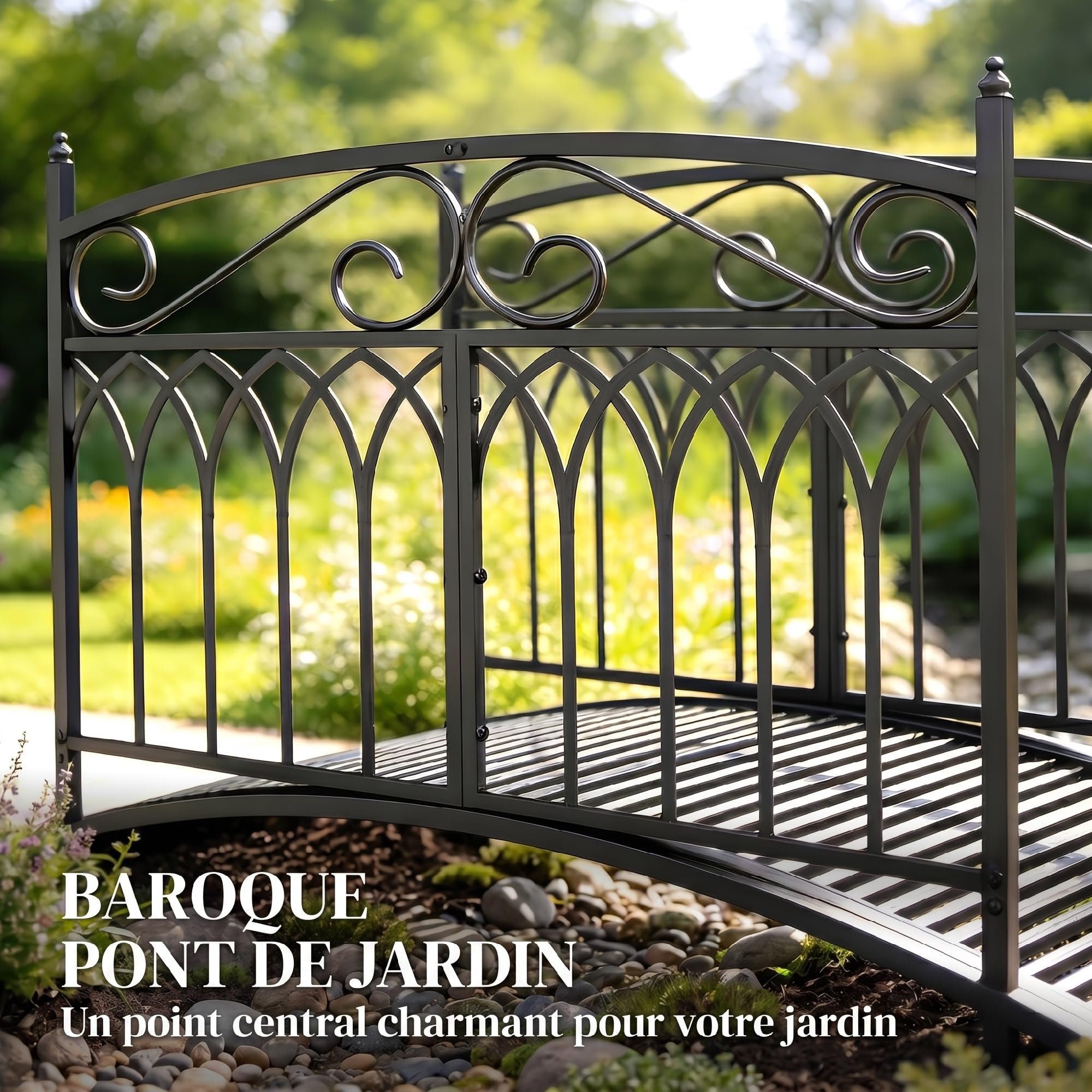 Outsunny Pont de Jardin en Métal Style Baroque - Passerelle Décorative avec Garde-Corps 91cm et Charge 100kg - Pont d'Extérieur 135cm Antirouille pour Bassin Étang Ruisseau et Jardin Japonais, Noir