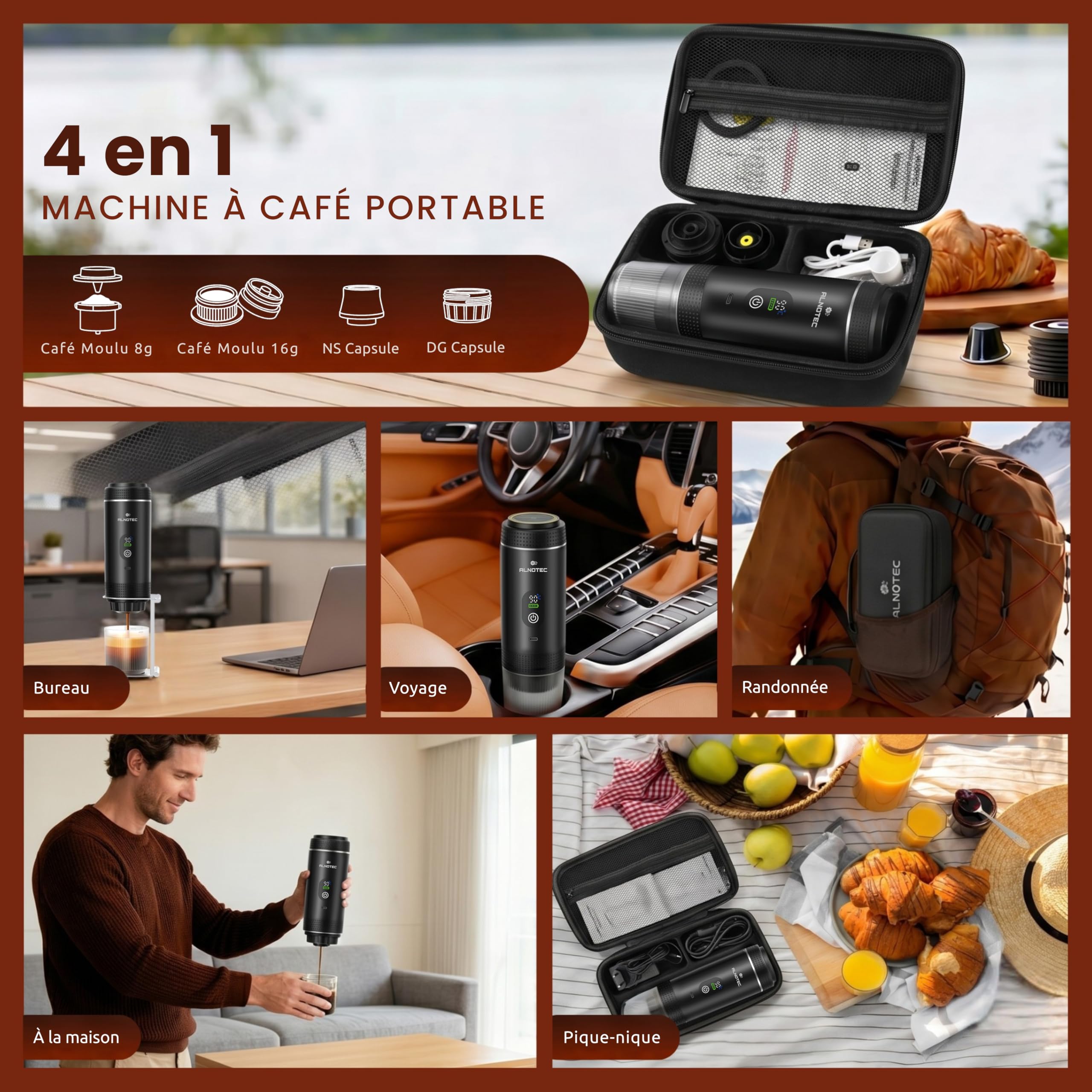 Cafetera portátil eléctrica con calefacción automática, 20 bar – 3 en 1 compatible con cápsulas NES, DG y café molido, 80 ml – Pantalla LED – Funda + soporte incluido – Recargable USB-C