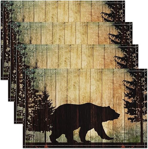 Juego de 4 manteles individuales con diseño de oso negro con animales salvajes, cabaña de madera rústica, naturaleza y vida silvestre, manteles