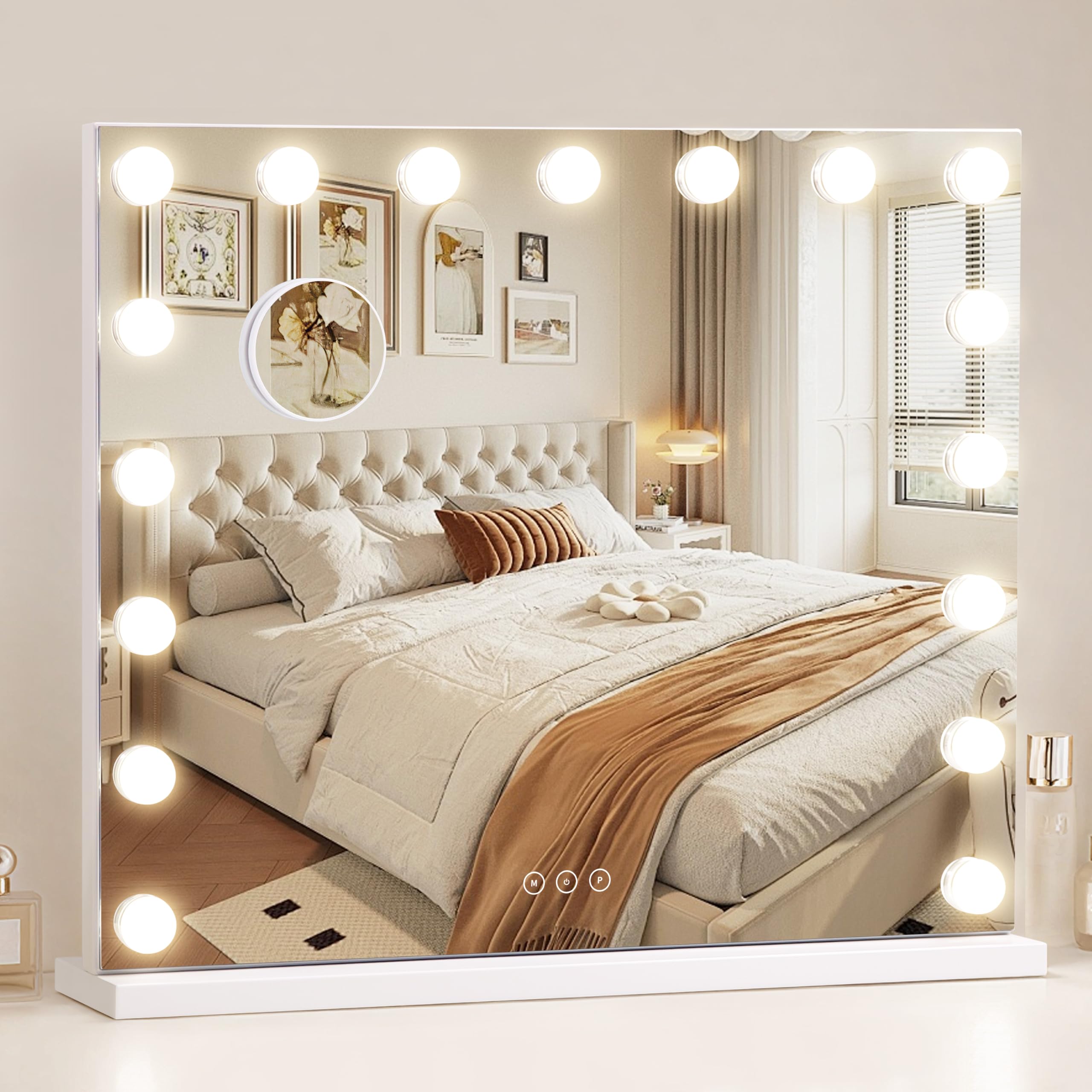 NUSVAN Vanity Mirror with Lights, 17 Dimmable LED Bulbs, 3 Color Lighting Modes, Detachable 10X Magnification, Tabletop Mount