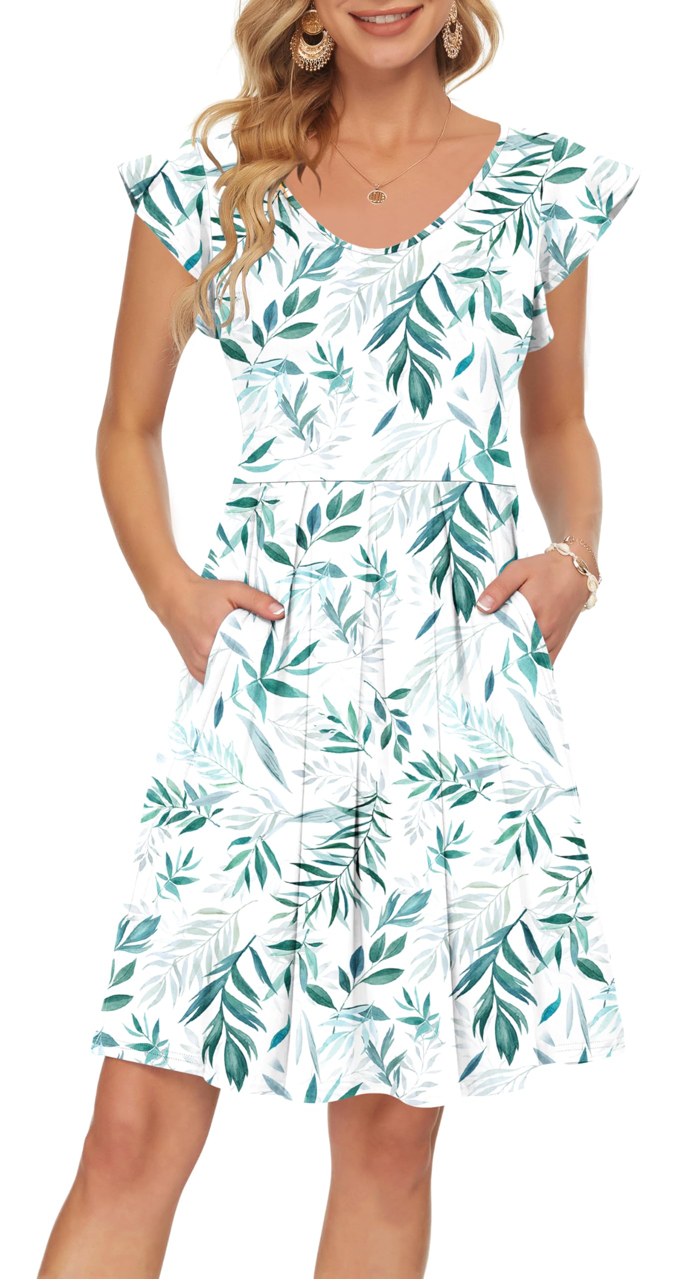 PLOKNRD Sommerkleid Damen V-Ausschnitt Midi Kleider mit Taschen Knielang Blütenblättern Kurzarm Freizeit Strandkleider