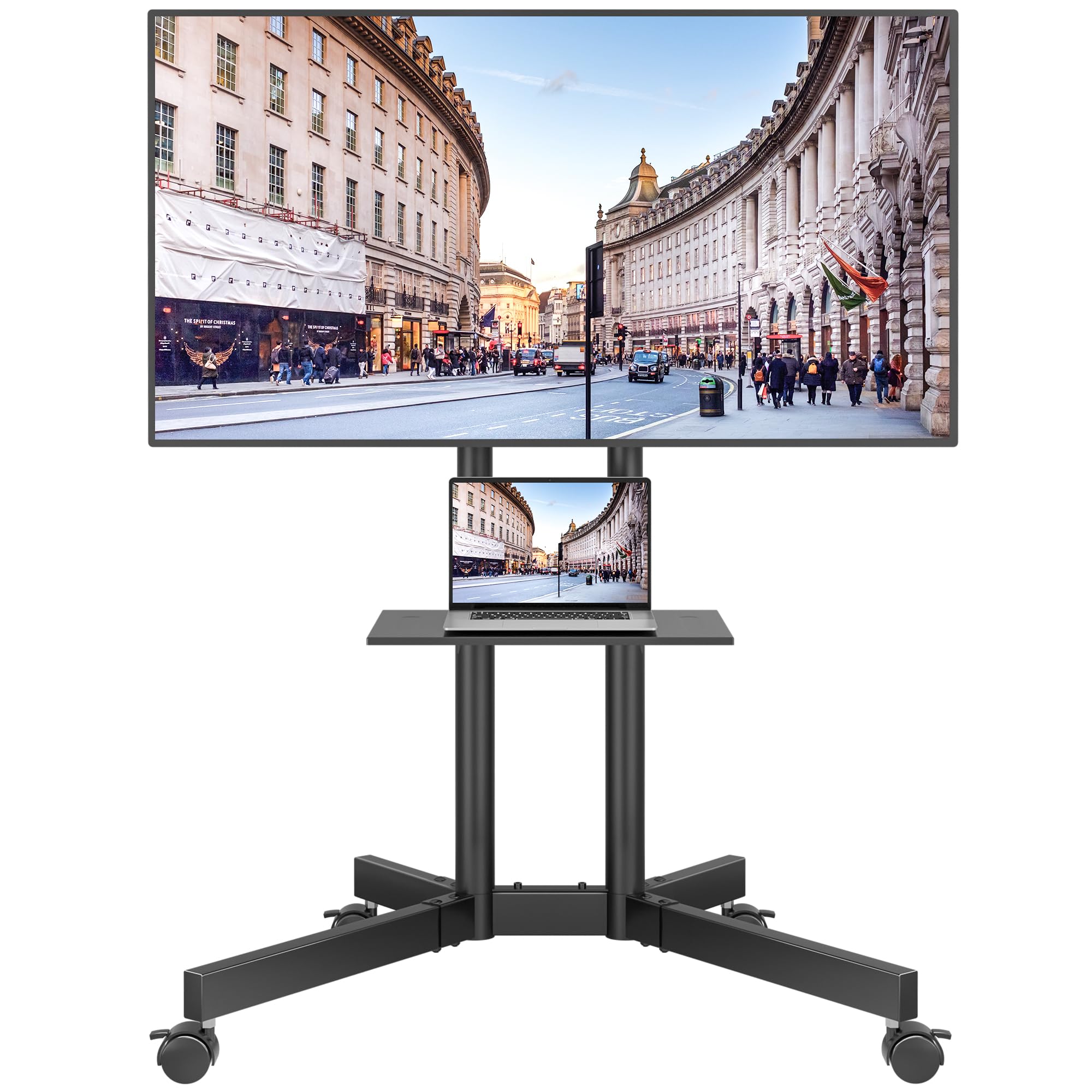 BONTEC Supporto TV da Pavimento con Ruote per TV LCD LED OLED da 32-85 Pollici, Ripiano Regolabile in Altezza, Max VESA 600x400mm, Capacità 55kg, Carrello Porta TV con Sistema di Gestione dei Cavi