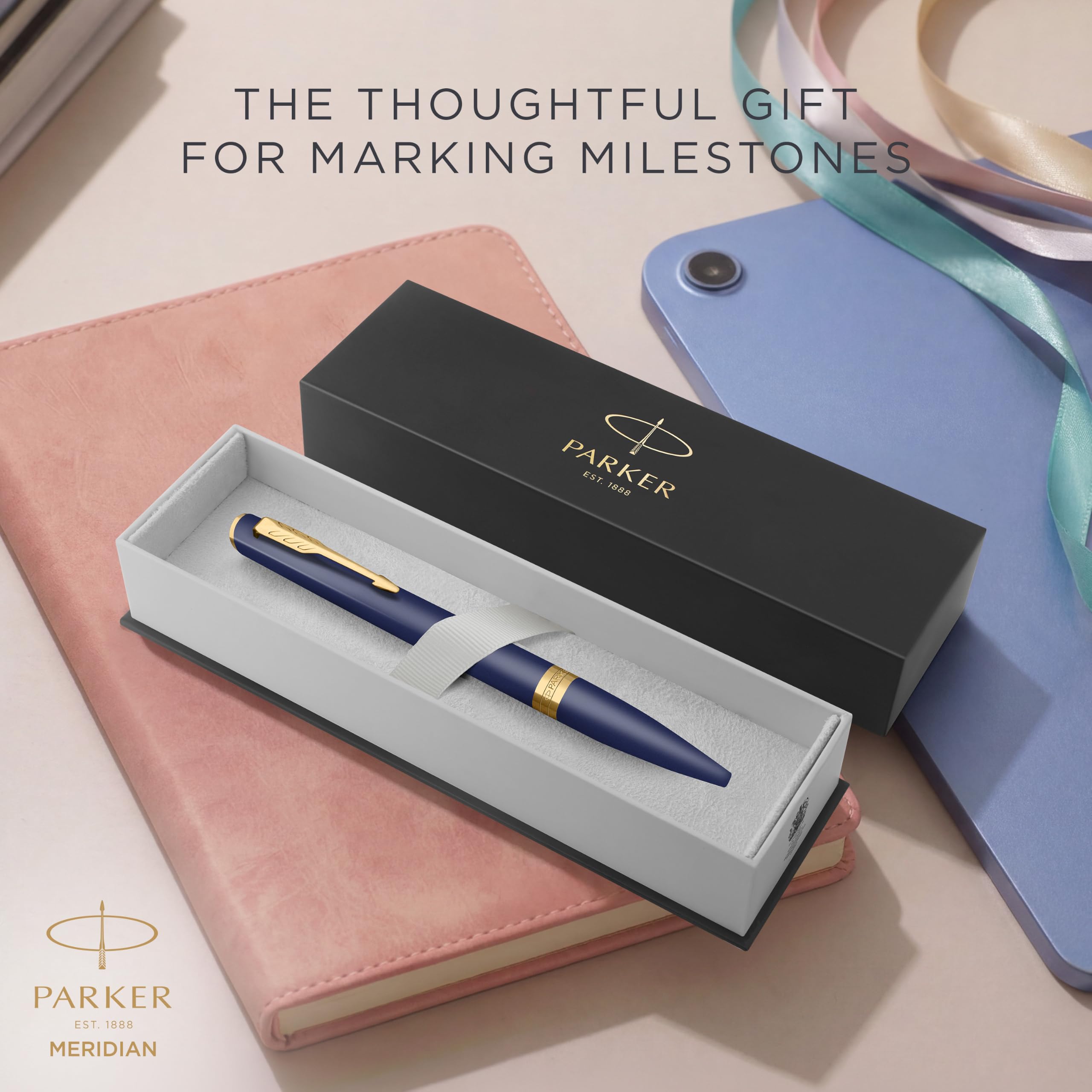 Parker Meridian Stylo à bille | Laque bleue avec garnitures dorées | Plume moyenne | Stylos pour l'écriture et Fournitures de papeterie | Encre bleue | Boîte cadeau de luxe