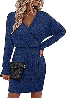 Womens Sexy V Neck Batwing Sleeve Sparkly Cocktail Party Sweater Dresses Holiday Bodycon Midi Dress
