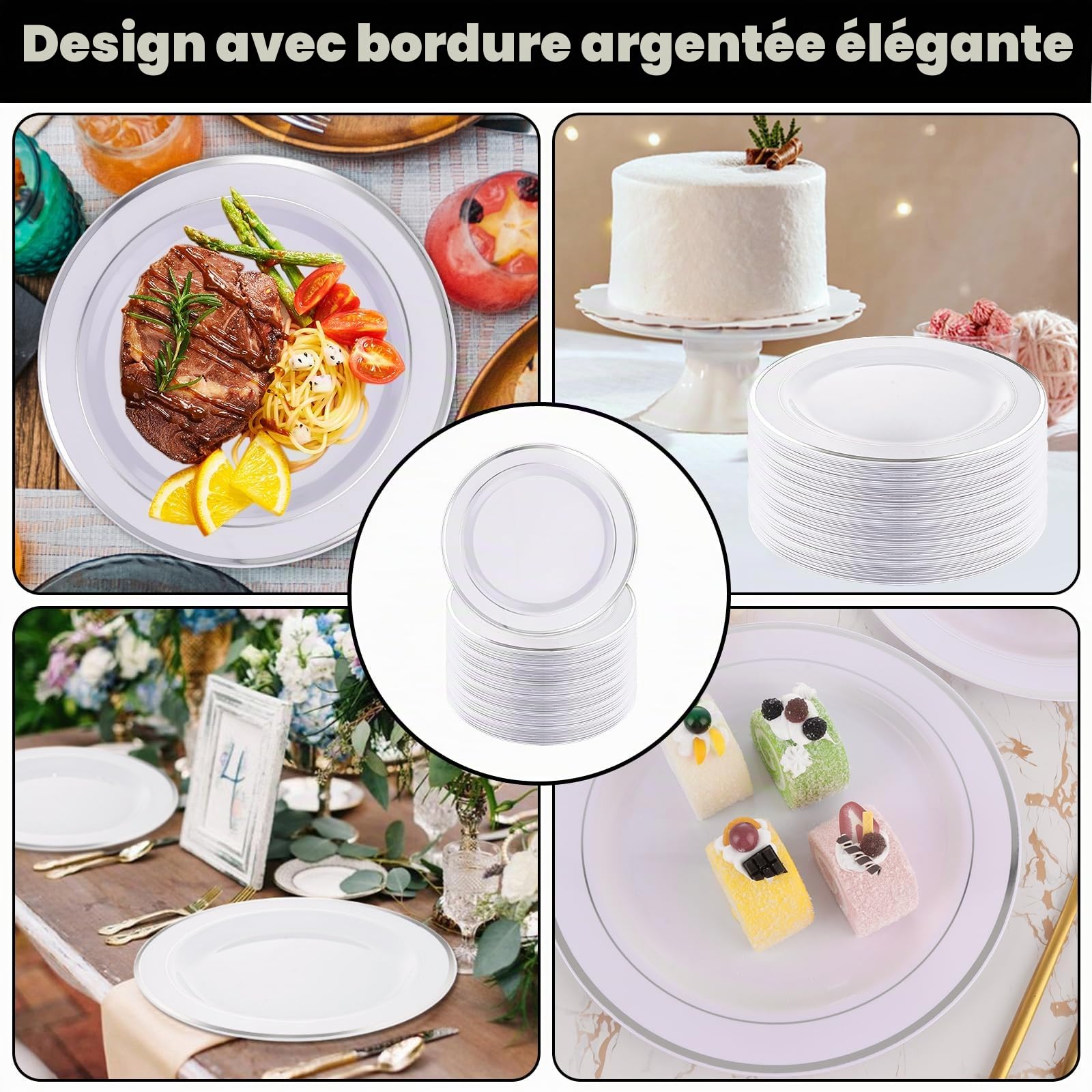 SENENQU Lot de 40 assiettes en plastique réutilisables de 26 cm avec bord argenté - Assiettes à dîner en plastique incassable pour mariage, fête d'anniversaire, restauration