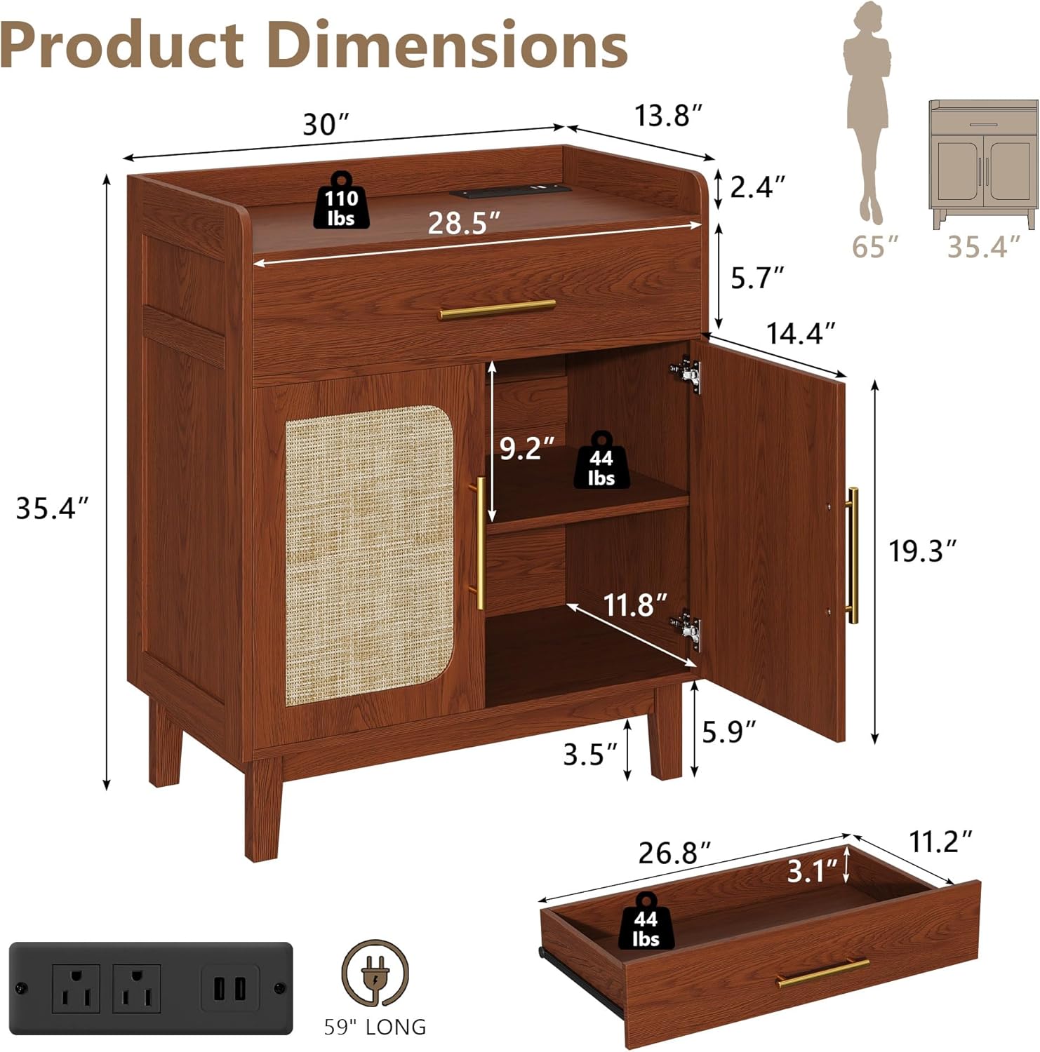 30" Rattan Sideboard Buffet Cabinet with Storage and Drawer, Boho Coffee Bar with Charging Station, Wood Accent Cabinet with Adjustable Shelf & 2 Door for Kitchen, Living Room, Entryway, Walnut