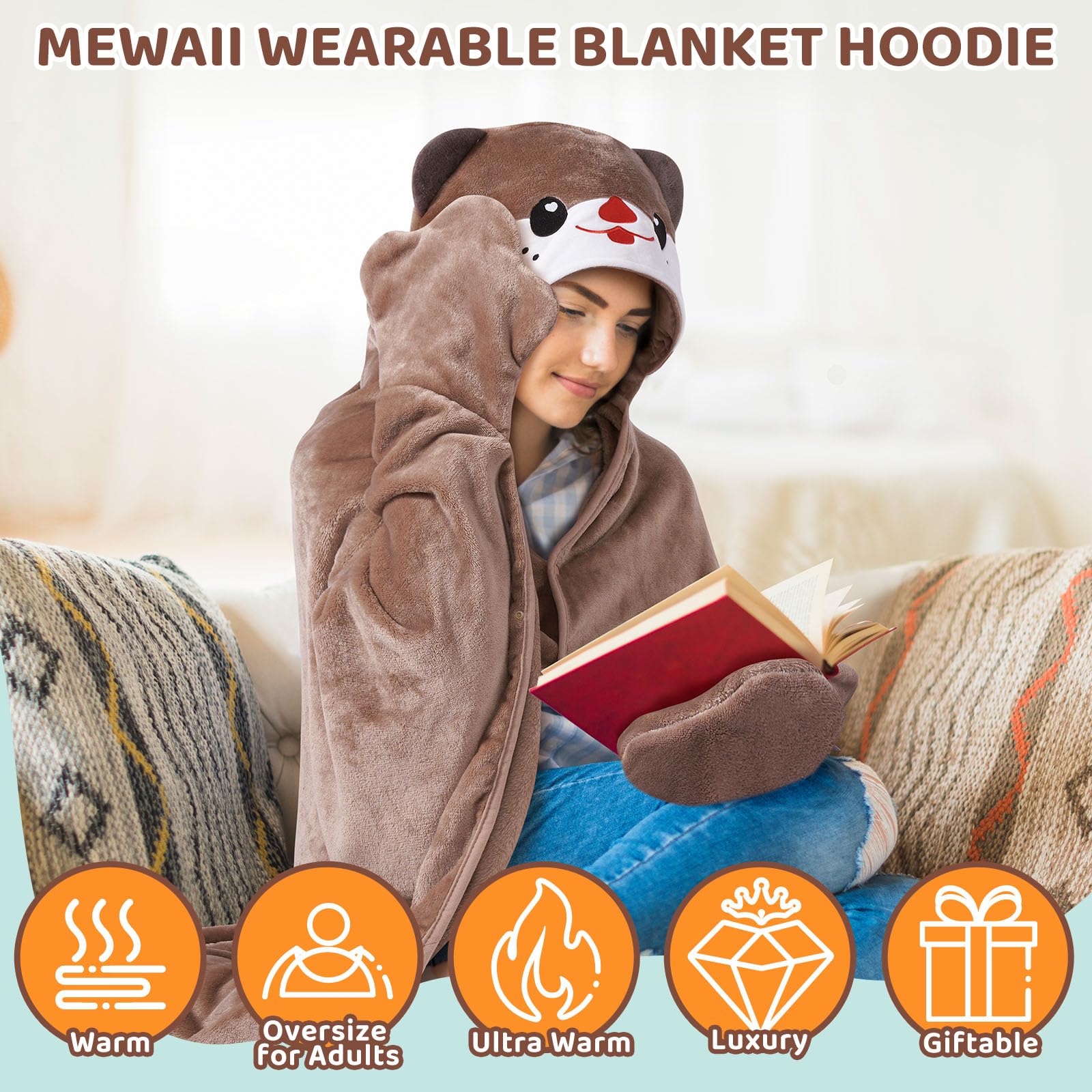 Mewaii Oversized Blanket Hoodie Wearable Soft Warm Gray Otter