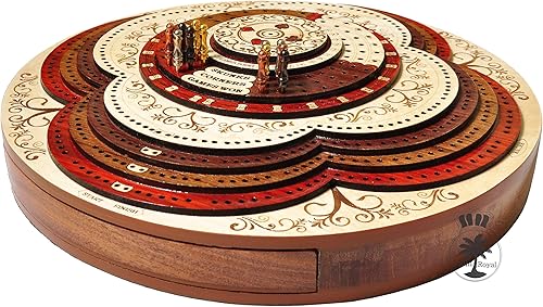 PALM ROYAL HANDICRAFTS Juego de mesa redondo de madera de 4 pistas hecho con madera de sangre, madera de arce, palisandro y madera de teca, juego de
