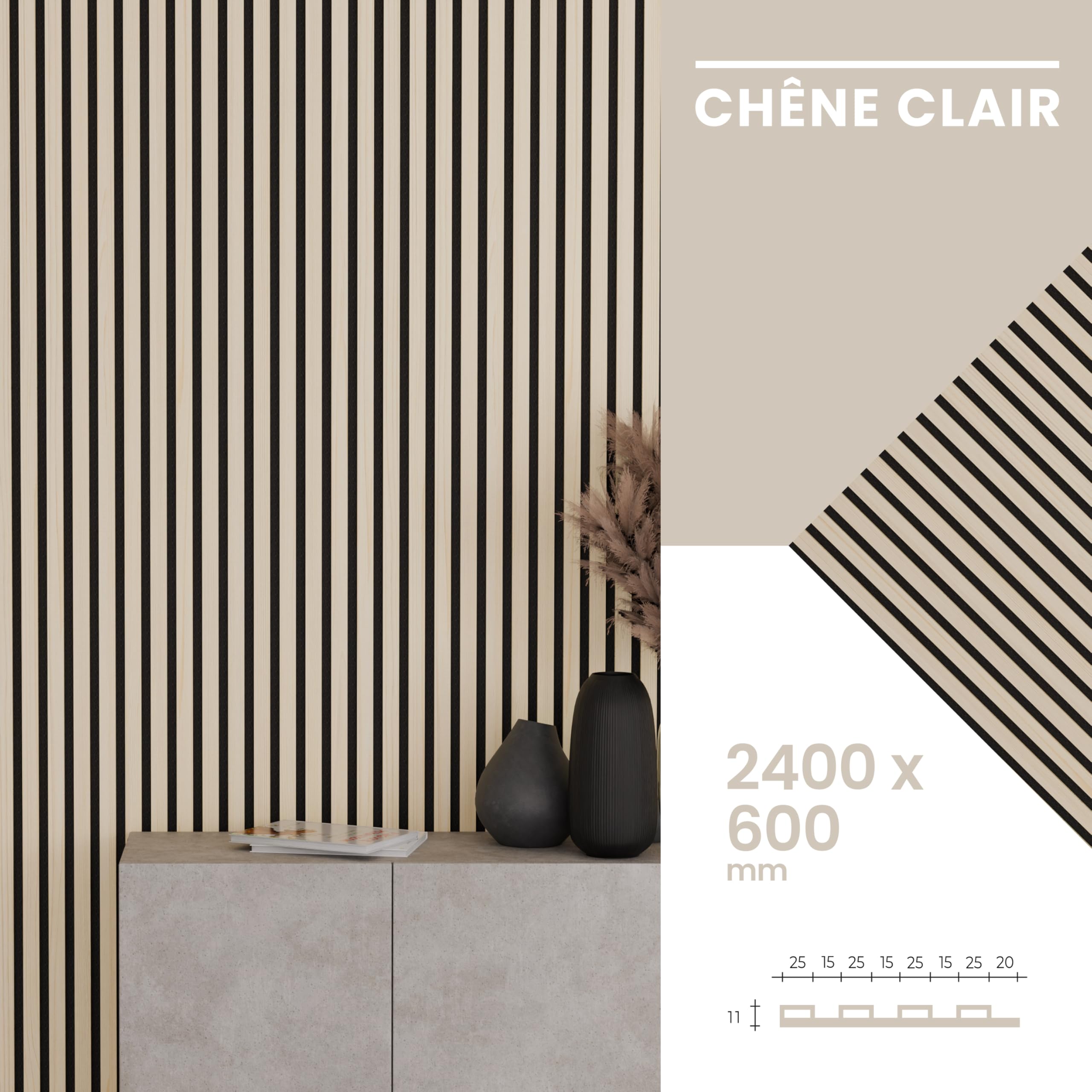 Panneau Acoustique Mural Chêne – Lot de 4 Panneaux Muraux à Lattes MDF Finition Bois – Revêtement Mural Décoratif & Correction Acoustique – Salon, Chambre, Bureau, Home Studio – 240 x 60 cm, 11 mm | Décoration murale et correction acoustique en un seul pr