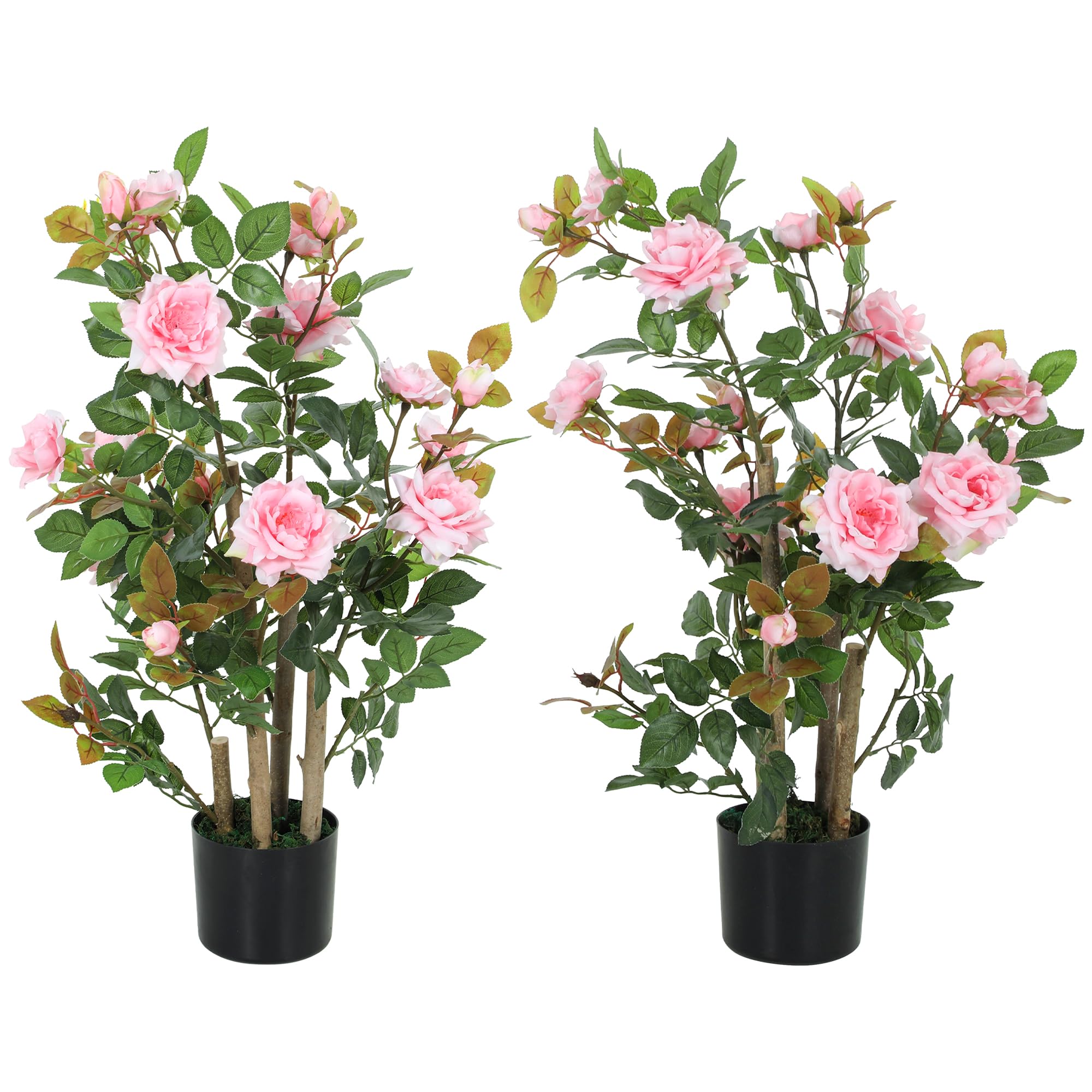 HOMCOM 90cm Artificial Rose Tree Set of 2, Decorative Fake Plant with 344 Silk Leaves and 17 Flowers, UV-Resistant Faux Tree for Outdoor Indoor Garden Porch Decor, Pink