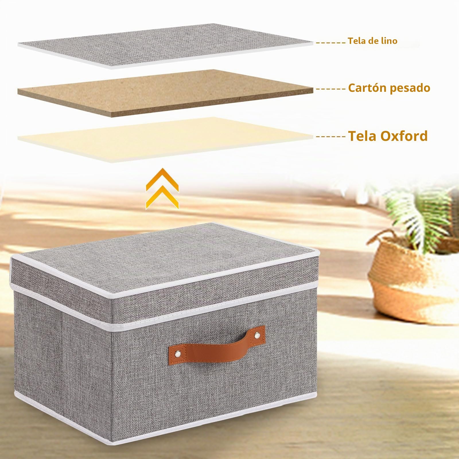 Set de 5 Caja Almacenaje con Tapa, Plegable Cestas Organizadoras con Asas, Cajas Almacenaje Ropa para Libros, Mantas, Sábanas, Gris, 33×23×20cm