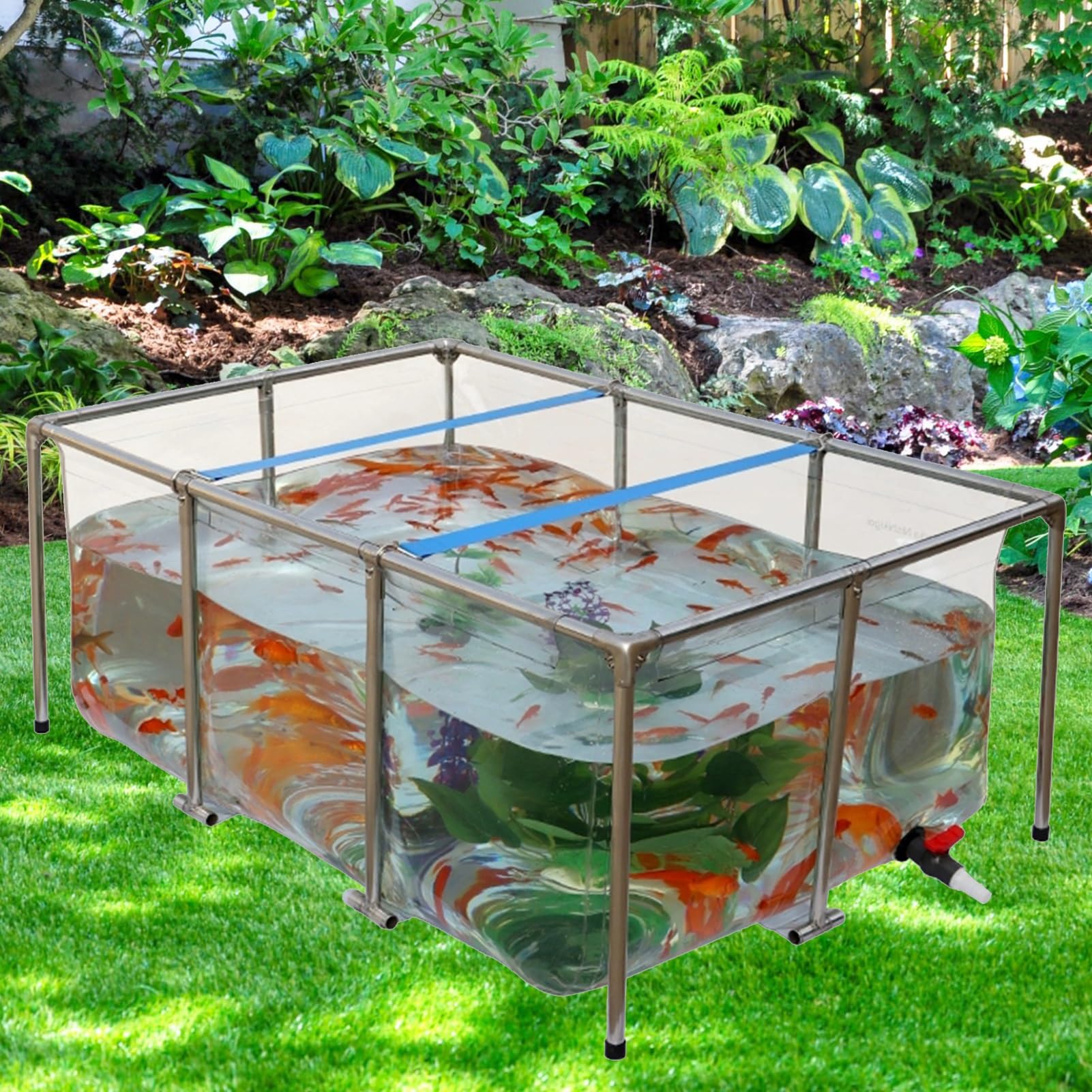 Aeovot Transparent Above Ground Pond, Large Outdoor Aquarium Fish Tank with Stainless Steel Frame, Foldable Rectangular Koi Fish Pool Pond with Drain Valve, Portable Water Storage Box : Pet Supplies