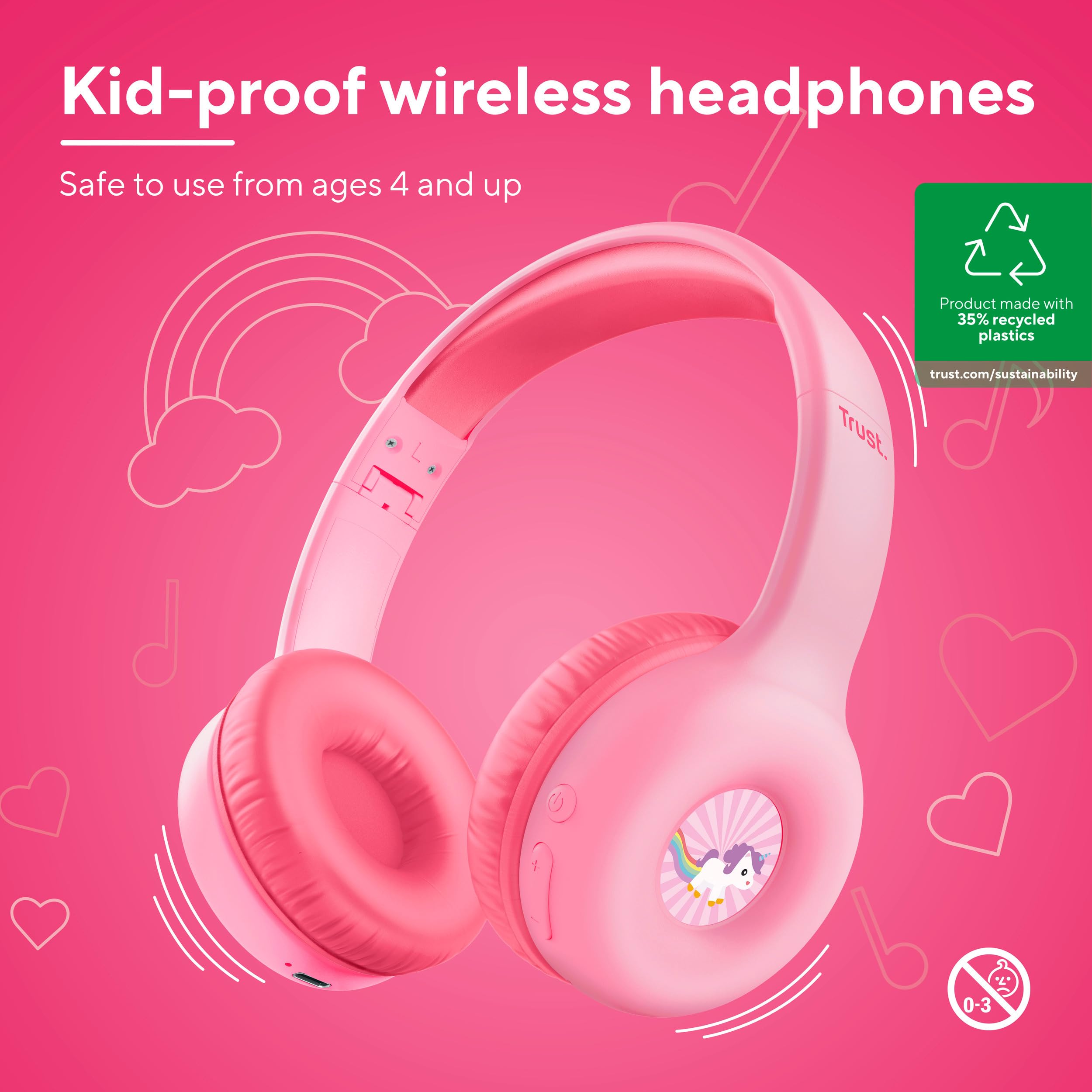 Trust Nouna Cuffie Bluetooth per Bambina 4-10 Anni con Limitazione del Volume (85dB), Cuffie On Ear Pieghevoli con Microfono e Adesivi, Cuffie Wireless, 15h di Riproduzione per Musica, Rosa