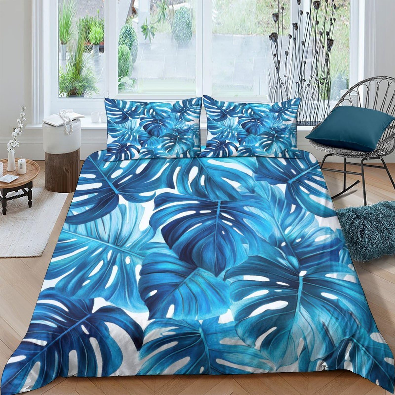 Ctjqhvkz Style-1 3D Printed Blue Tropical Leaf Fitted Sheet Microfiber Soft Anti-Slip Jungle Pattern Bed Sheet For Bedroom Guestroom Mattress Cover Single（135X200cm）