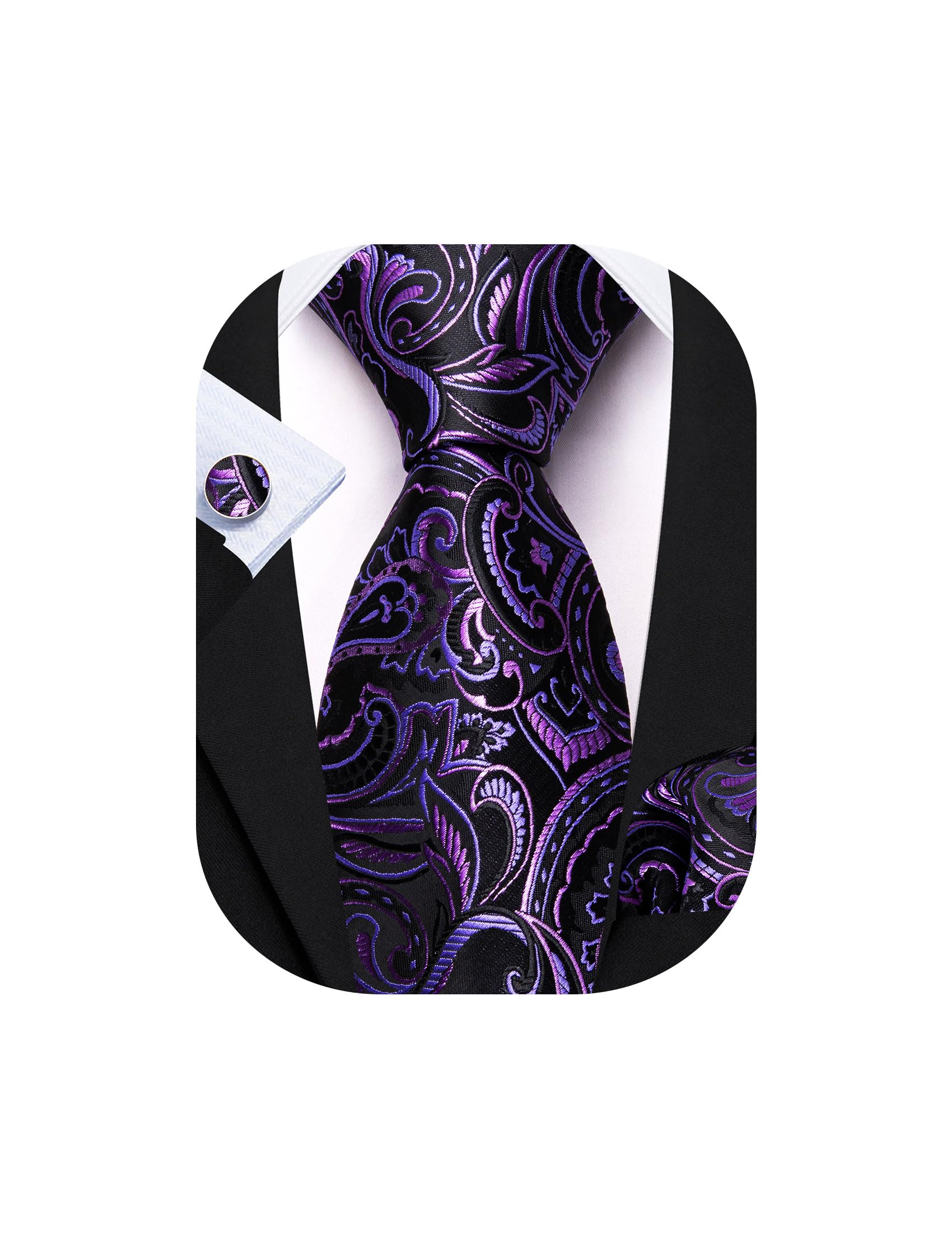 Barry.Wang Men Tie Set Floral Paisley Silk Necktie Pocket Square Cufflinks