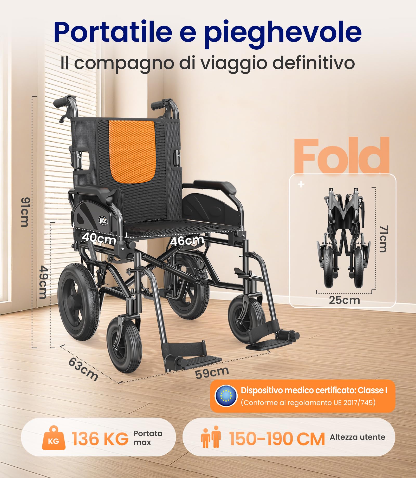 VOCIC Sedia a rotelle U11, pieghevole, leggera, 13 kg, sedia a rotelle per l'appartamento, pieghevole fino a 136 kg, seduta 46 cm, due freni, 30 cm, cuscino in rete 3D, sedie a rotelle strette