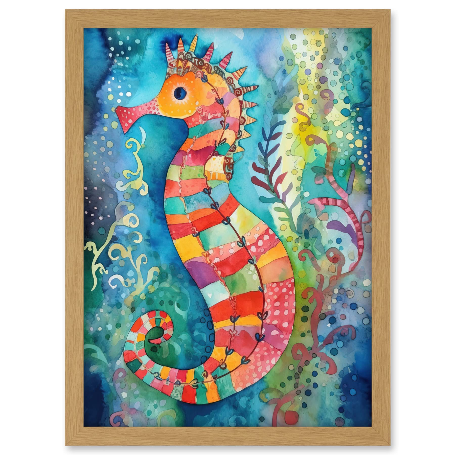 Artery8 Seahorse In Aquatic Plants Folk Art Artwork Framed A3 Wall Art Print