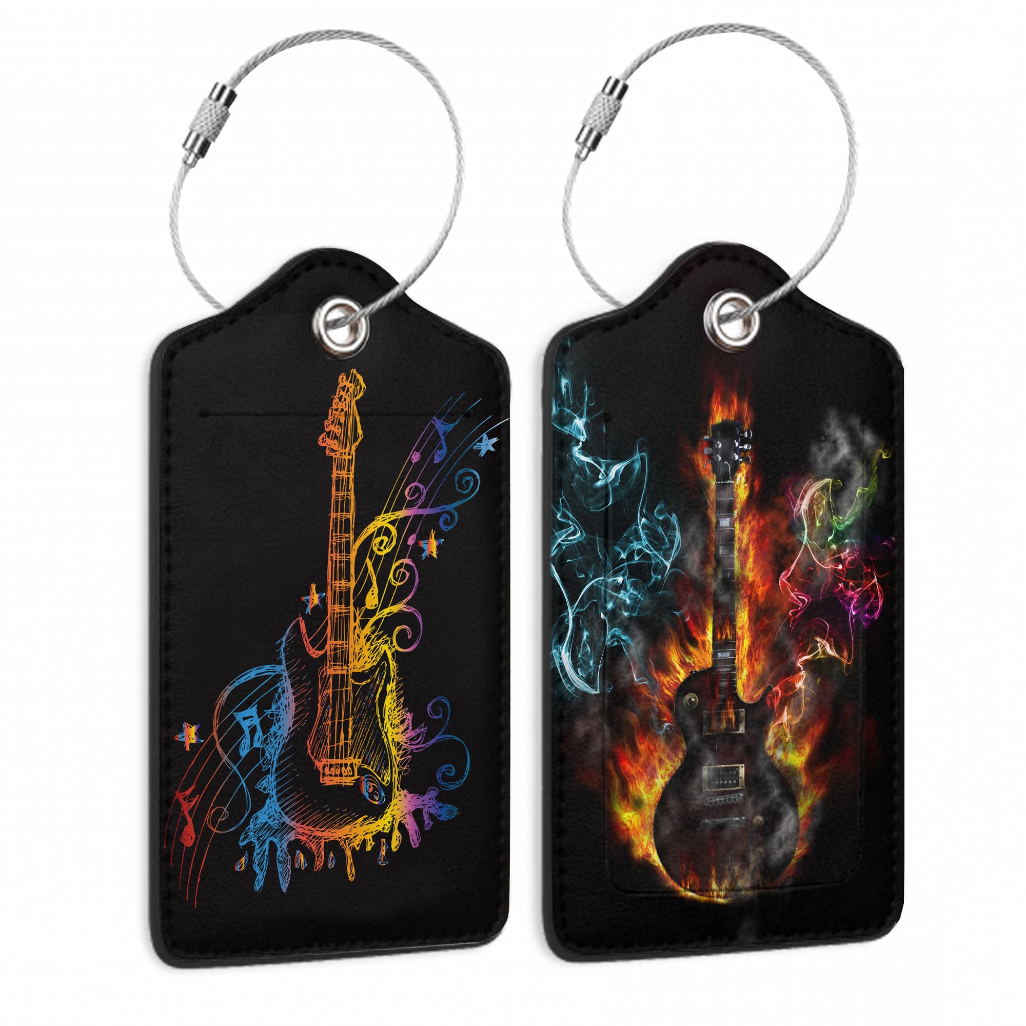 2 Pack Luggage Tags with Colorful Guitar for Suitcases, Burning Electric Guitar PU Leather Luggage Tag Accessories Privacy Cover ID Label with