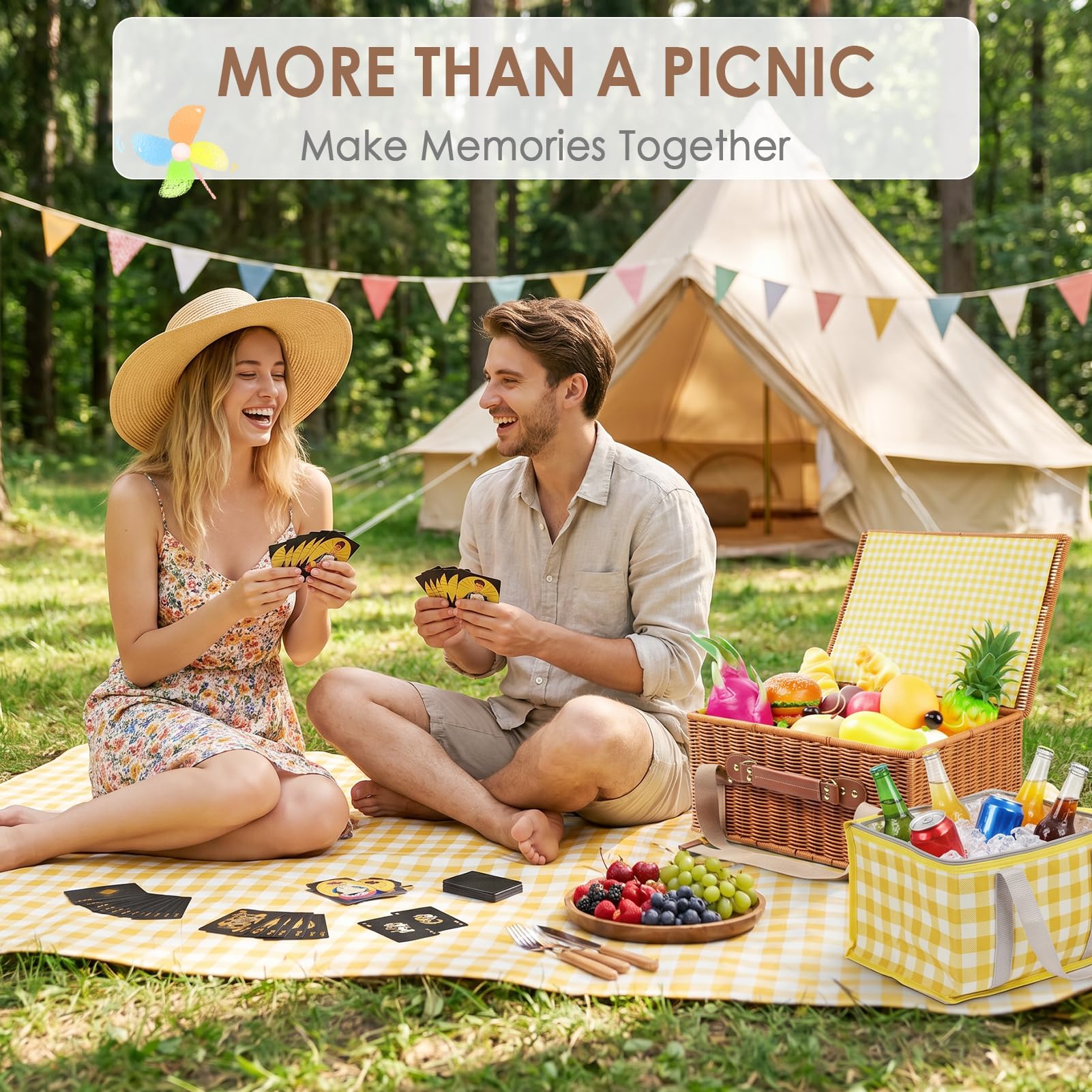 DEWEL - Set di cestini da picnic per 4 persone, con coperta da picnic resistente e impermeabile, borsa termica e set di carte, ideale per campeggio, gite