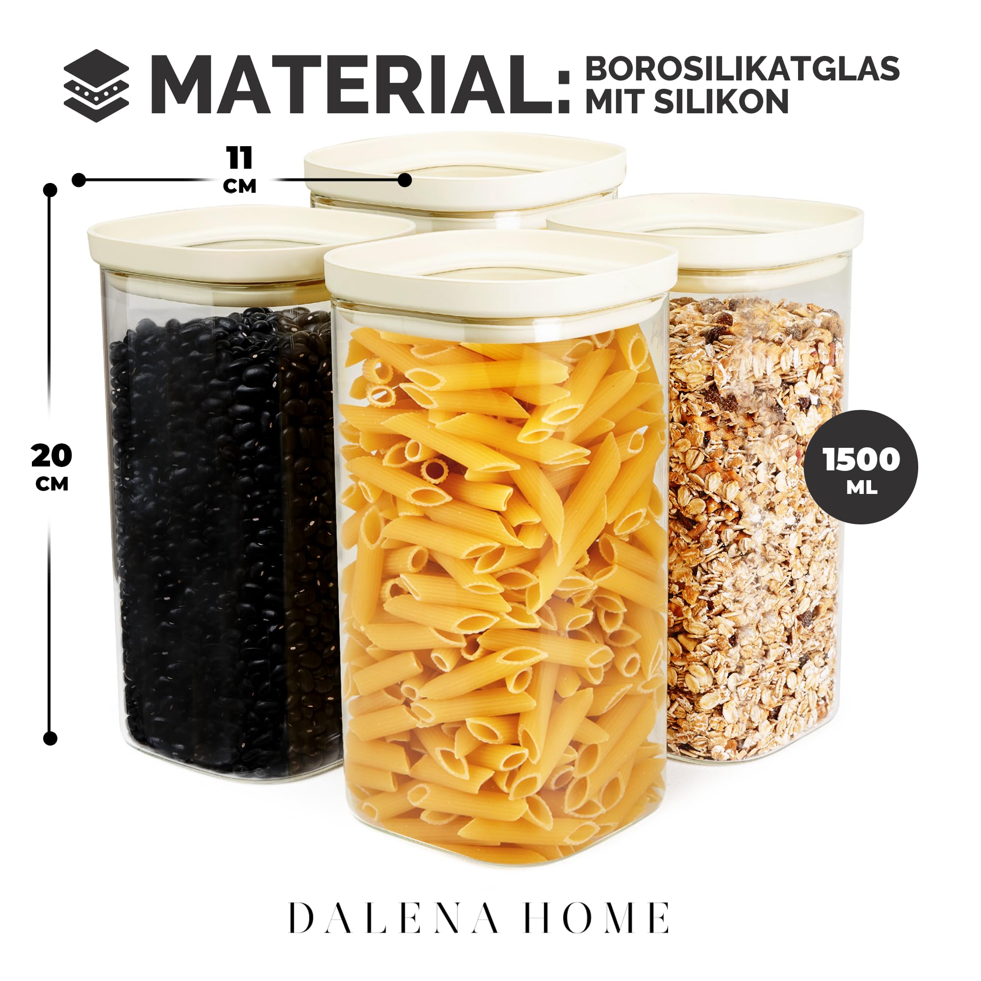 Vorratsgläser mit Deckel 4er-Set aus stabilem Borosilikatglas + Etiketten (4x 1500ml) - Luftdicht & Stapelbar - Aufbewahrungsglas Küche, Vorratsdose eckig