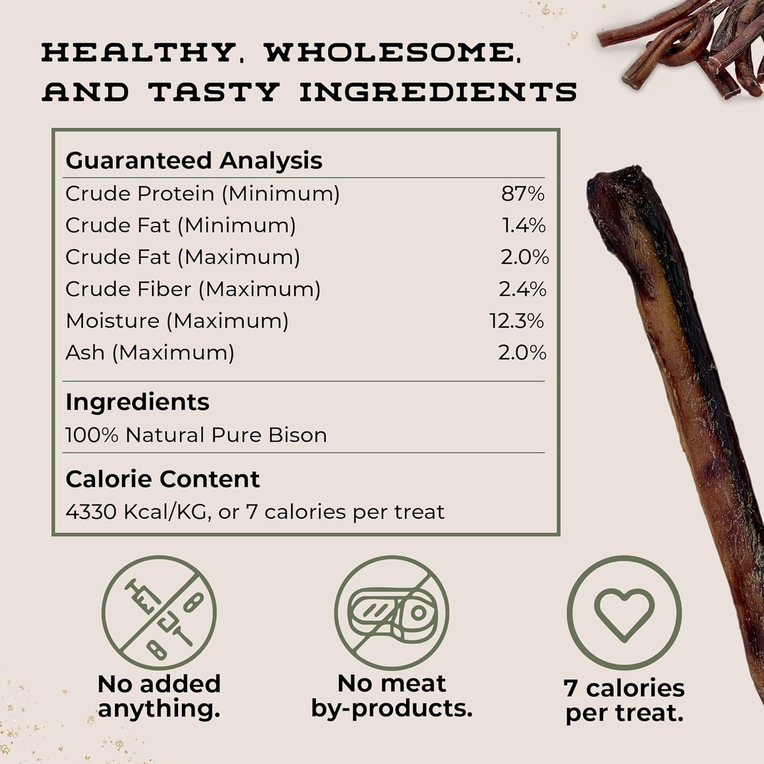 Boulder Dog Food Company Bison Chews, 4 Inches (7 oz) - Bully Sticks Made in USA, No Hide Chews, Grain Free Treats, Healthy Treats, Odor Free, Pizzle Sticks for Dogs