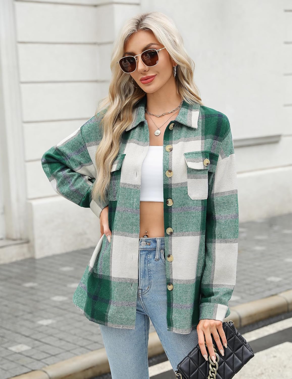 HOTOUCH Womens Flannel Plaid Shacket Jacket Button Down Tartan Trench with Pocket Long Sleeve Cropped Fashion Coat S-XXL - Image 4