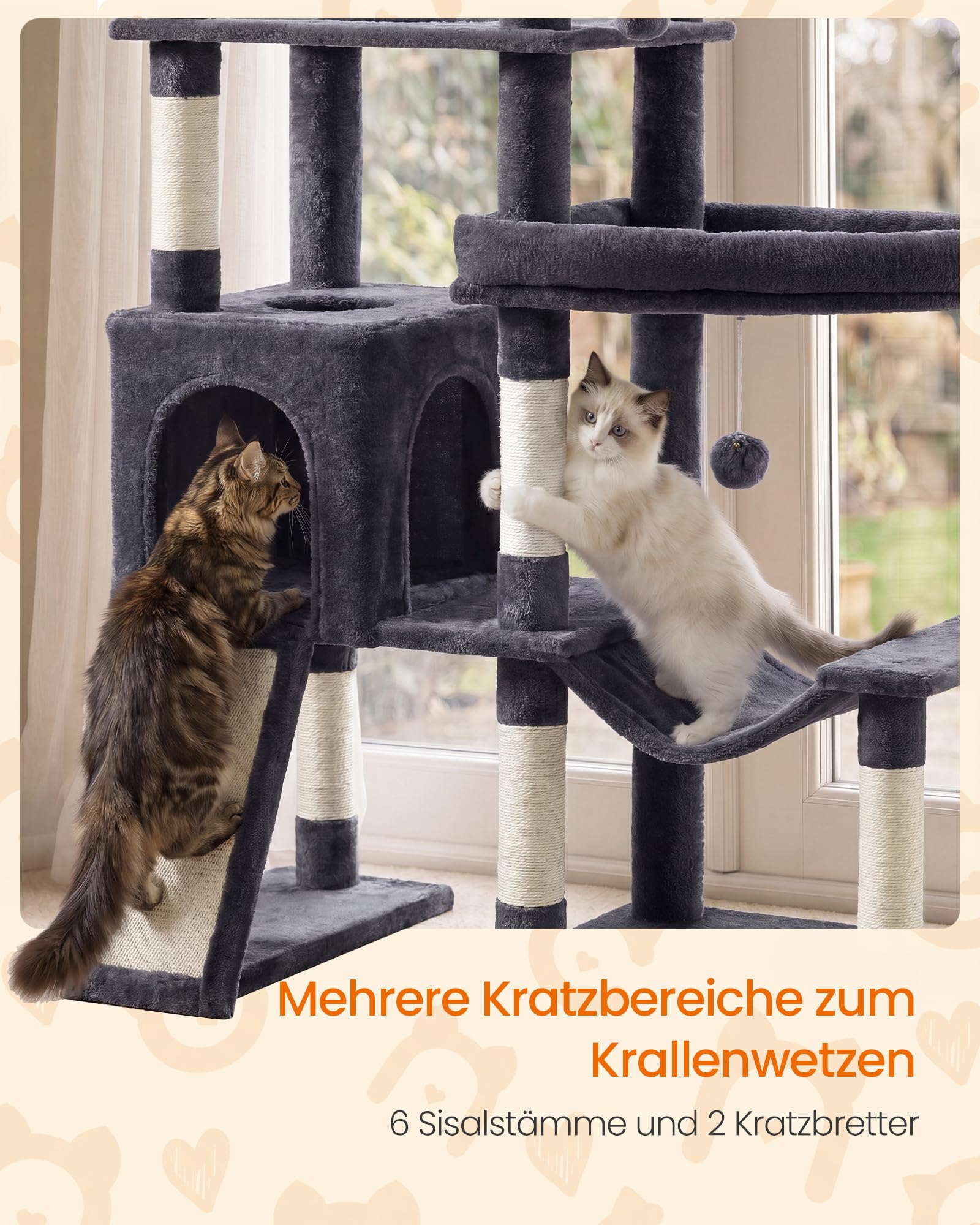 Feandrea Kratzbaum groß, Katzenbaum XXL, 6 Sisalstämme und Plüsch, 2 Kratzbretter, 6 Ruhebereiche, 105 x 45 x 202 cm, Dunkelgrau, für Große Katzen, Clawfy Kollektion PCT020G201