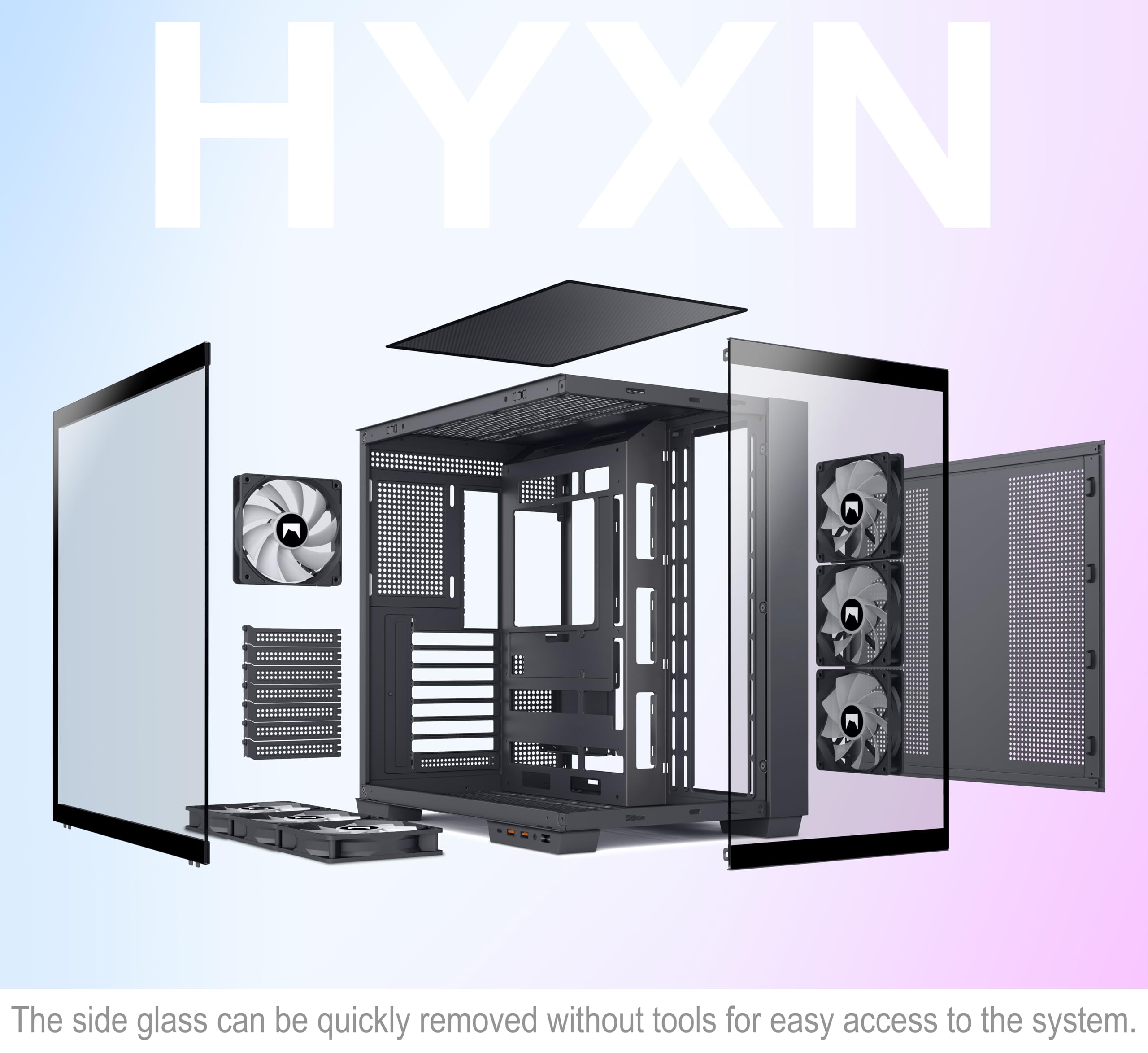 H1 ATX PC Case-Pre-Installed 7 PWM ARGB Fans, Dual Chamber Mid-Tower Gaming PC Case, with Type-C, Simultaneous Installation of 3x 360mm Radiators, Black (Black, H1) — view 10