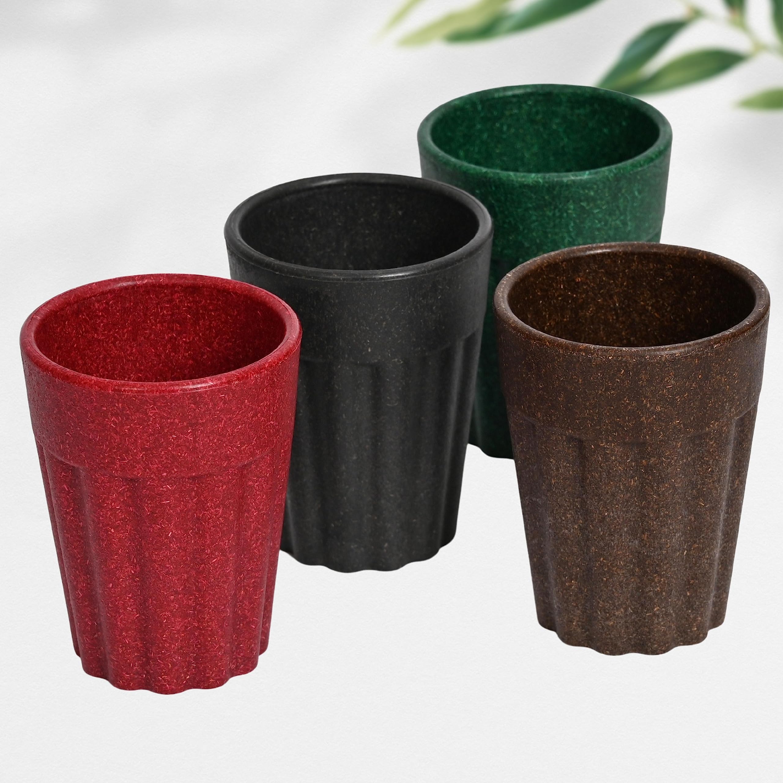 eha Set of 4 Earth-Friendly Cutting Chai Cups | 100 ml | Coffee Cup Made with Rice Husk & Bamboo Fibers | Microwave Safe Tea Set |Hot & Cold Coffee Mug, Milk & Tea Cup Set |Multicolour-Dark