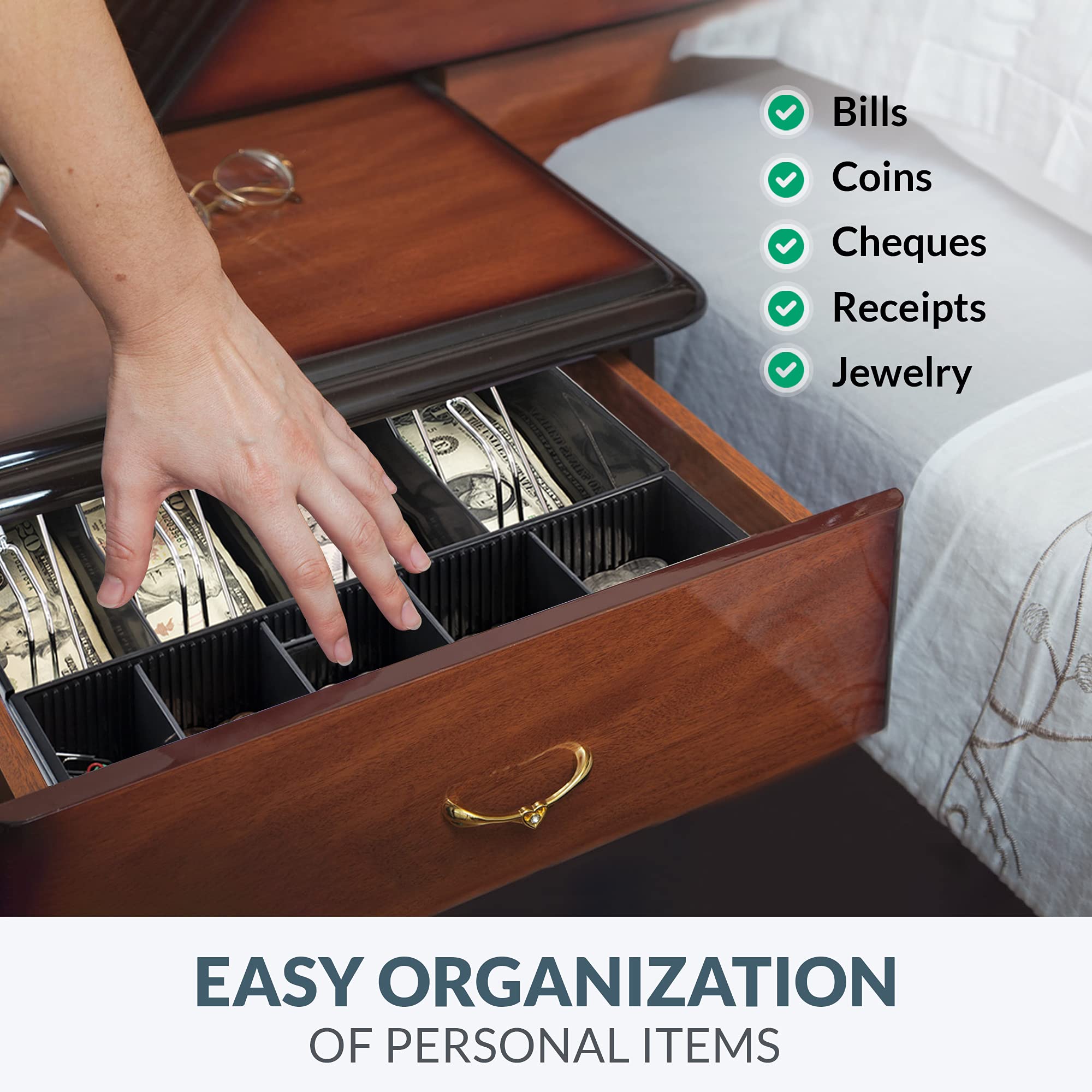 Cash Register Insert Tray - 3-Box ABS Organizer With Metal Clip For Cash & Checks