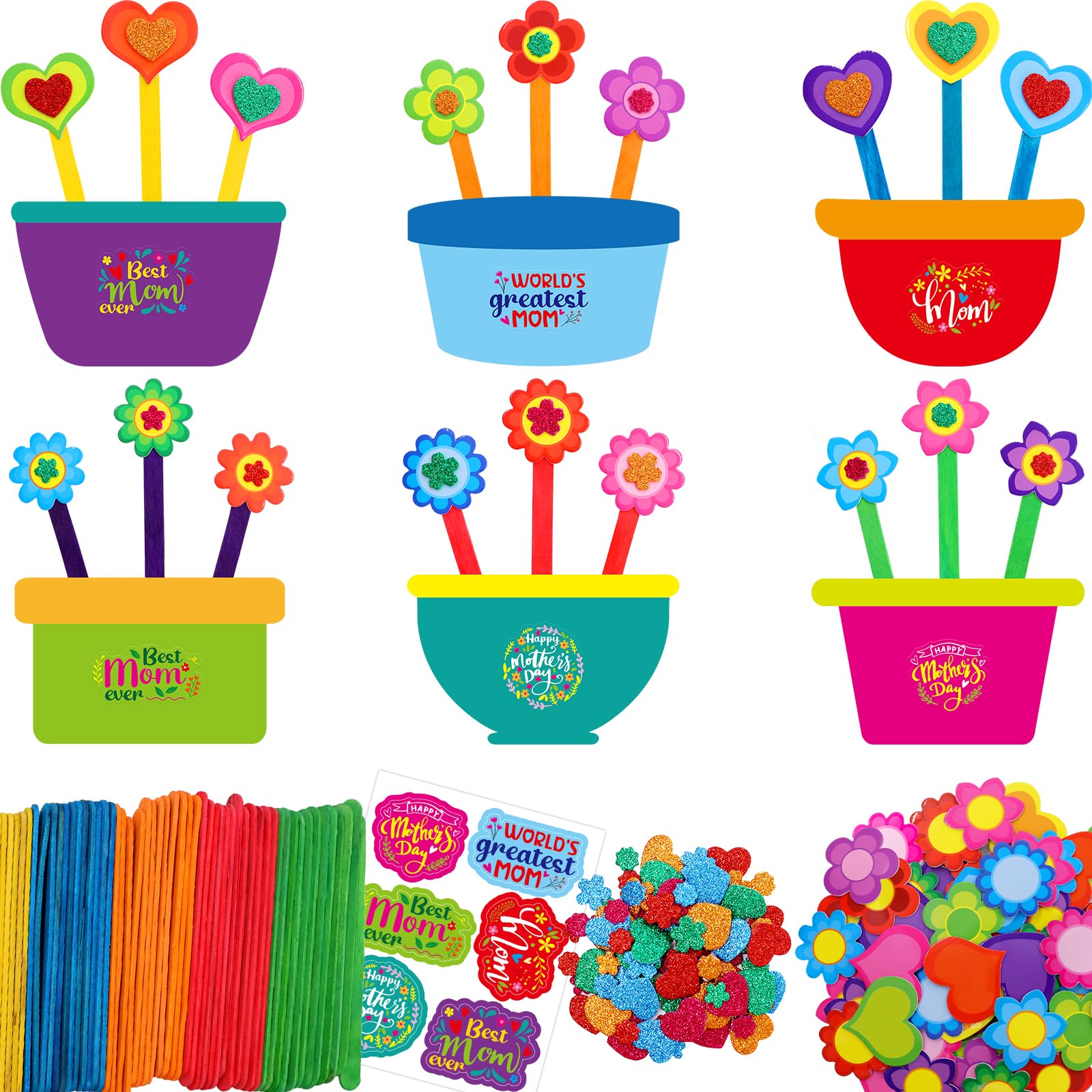 ceiba tree Mother's Day Crafts Kit for Kids 24 Sets Flower Crafts Happy Mothers Day Colorful Flower Pot with Foam Stickers Make Your Own Art Project