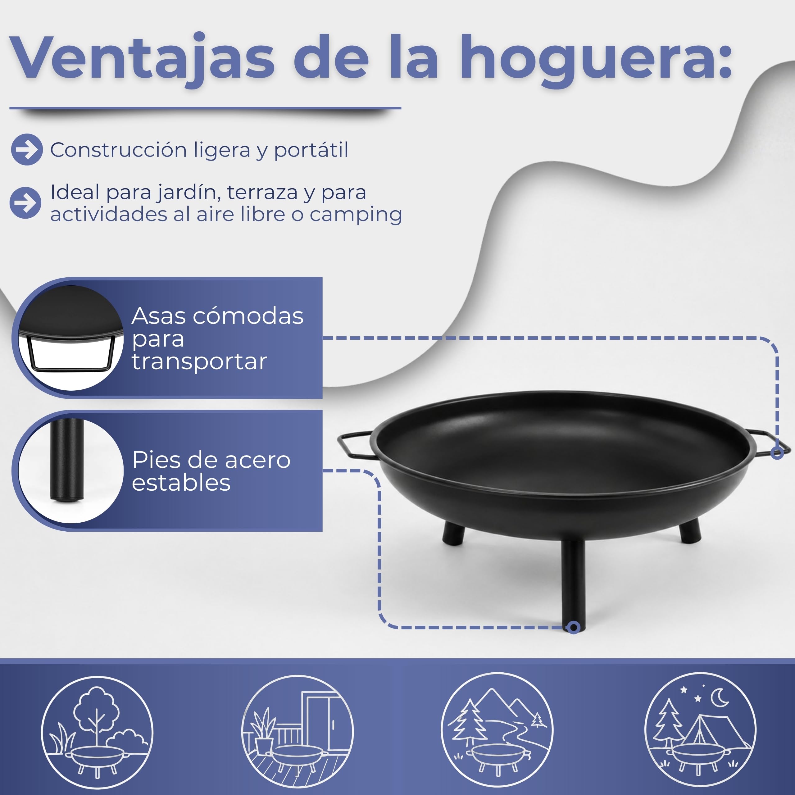 Brasero de jardín de 58 cm, brasero portátil, para exteriores, redondo, de acero, para terraza, camping, hoguera, patio, calefacción de jardín, color negro SPRINGOS