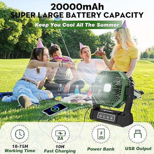 Miniatura 10 de Multper Ventilador portátil de campamento de 20000 mAh con linterna LED, ventilador recargable para tienda de campaña al aire libre para acampar con