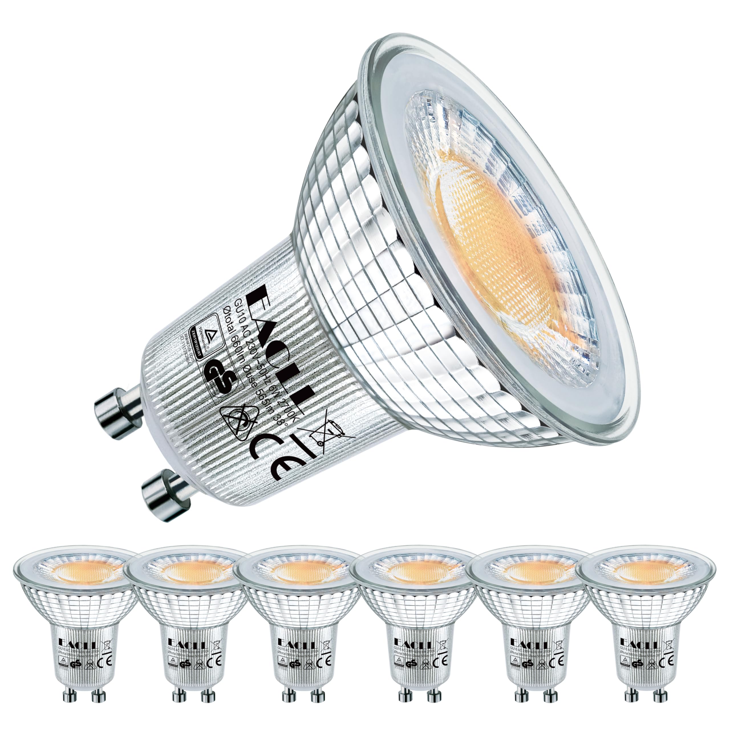 EACLL GU10 LED Warmweiss 6 Watt Ersetzt 75W Halogen Leuchtmittel, 6er-Pack, 565 Lumen 2700 Kelvin Birnen, AC 230V Flimmerfrei Strahler, Abstrahlwinkel 38 Grad Spot, Nicht Dimmbar Reflektor Lampen
