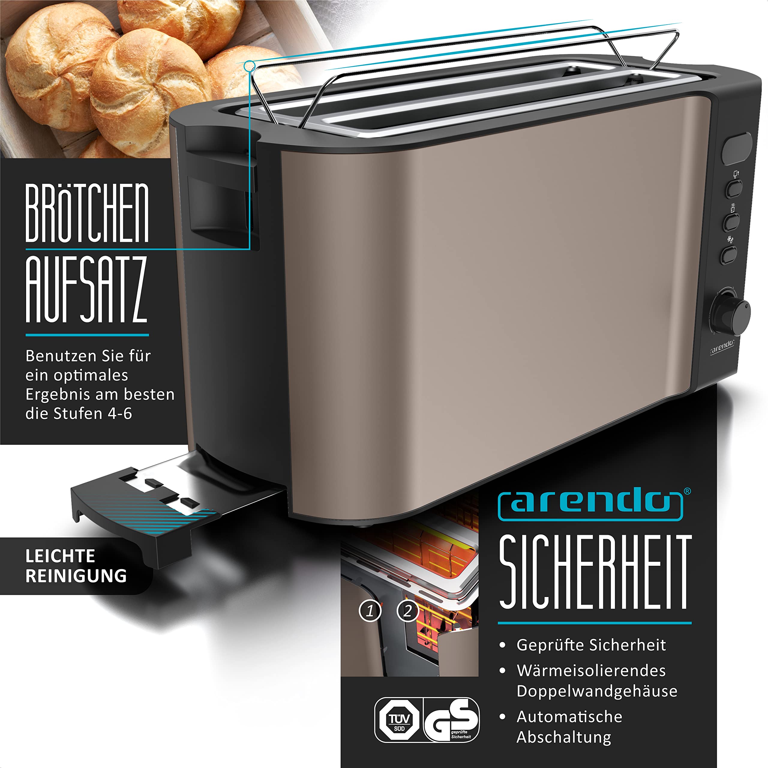 Arendo Wasserkocher Toaster SET Edelstahl Beige 1,5L 40-100°C Warmhaltefunktion 4 Scheiben LED-Display 6 Bräunungsgrade