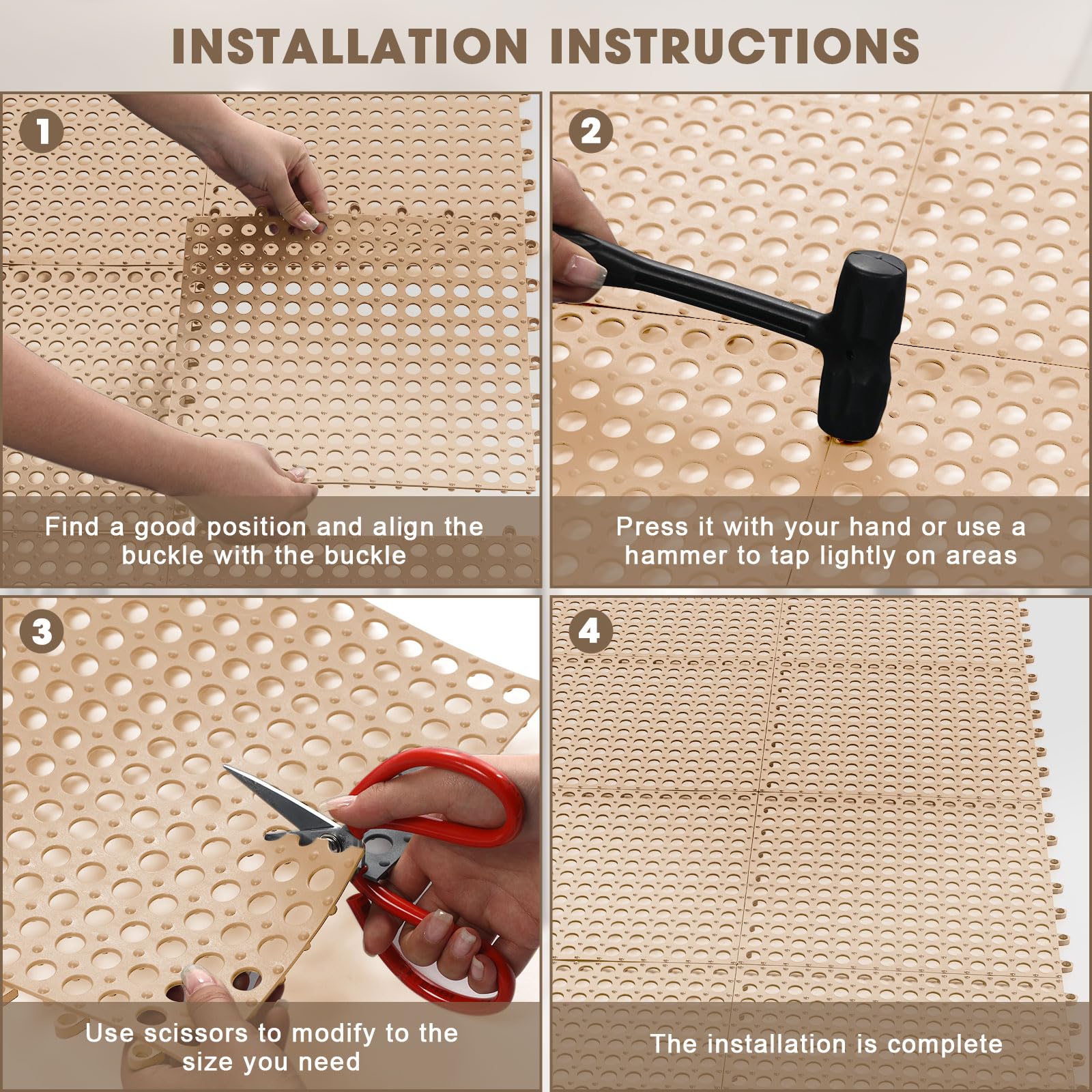 Drydiet 8 Pack Drainage Tiles Modular Interlocking Floor Tiles with 1 Pc Plastic Hammer 12" x 12" Cushion Mat Non Slip Rubber Floor mat with Holes for Pool Bathroom Deck Kitchen Patio (Beige) — Amazon image 4