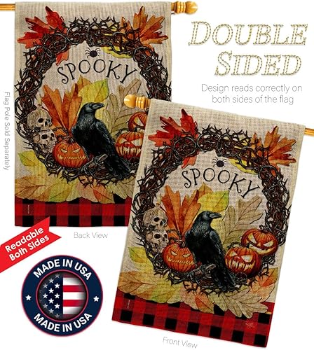 Miniatura 3 de Corona espeluznante bandera de casa de arpillera – Paquete de noche de brujas de Halloween de otoño, temporada de gatos negros, calabaza otoñal