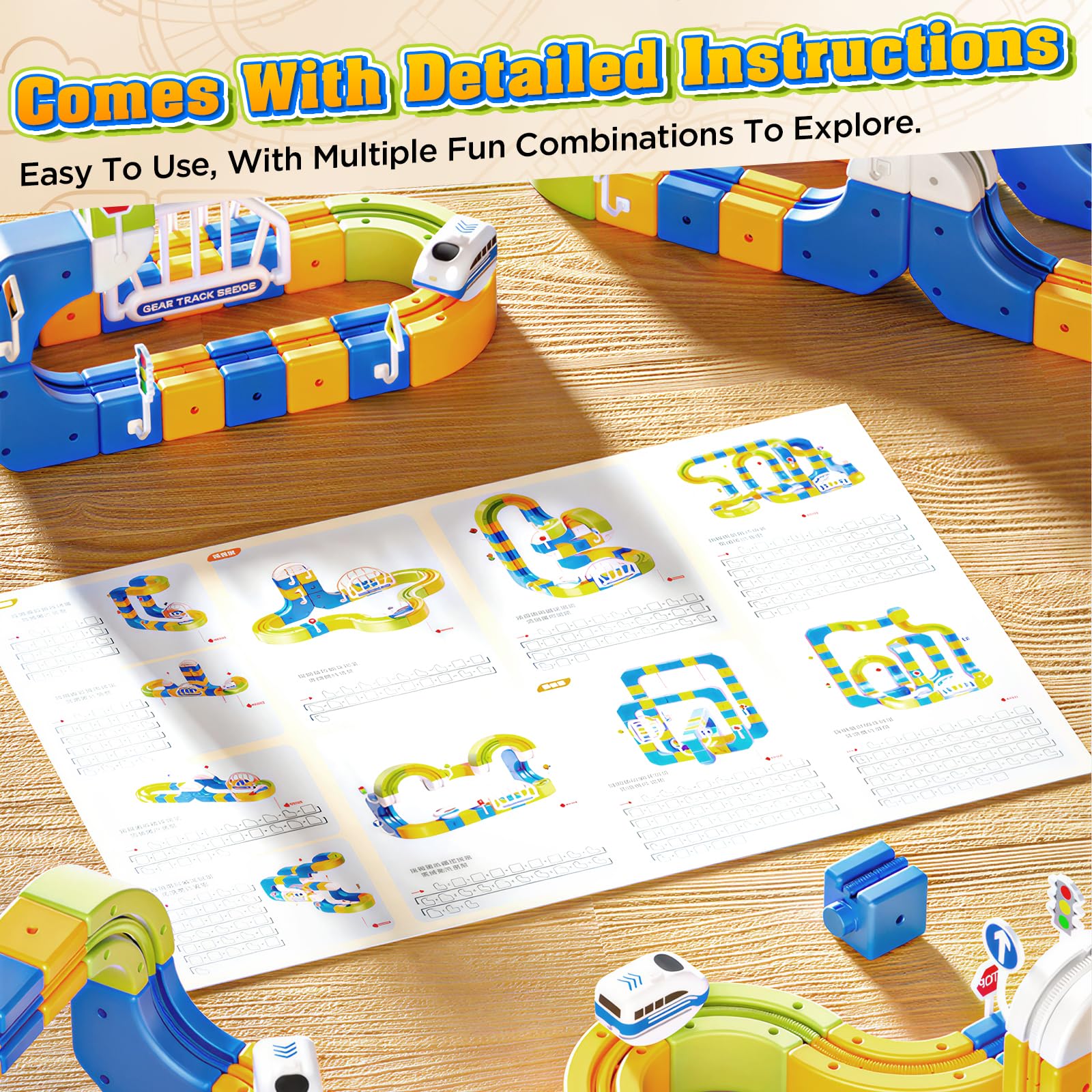 Set di trenino elettrico Click-Rail da 225 pezzi con 2 trenini più piccoli, binari flessibili, trenino a blocchi cubi fai-da-te con tracciati 3D che sfidano la gravità, ferrovia e blocchi magici