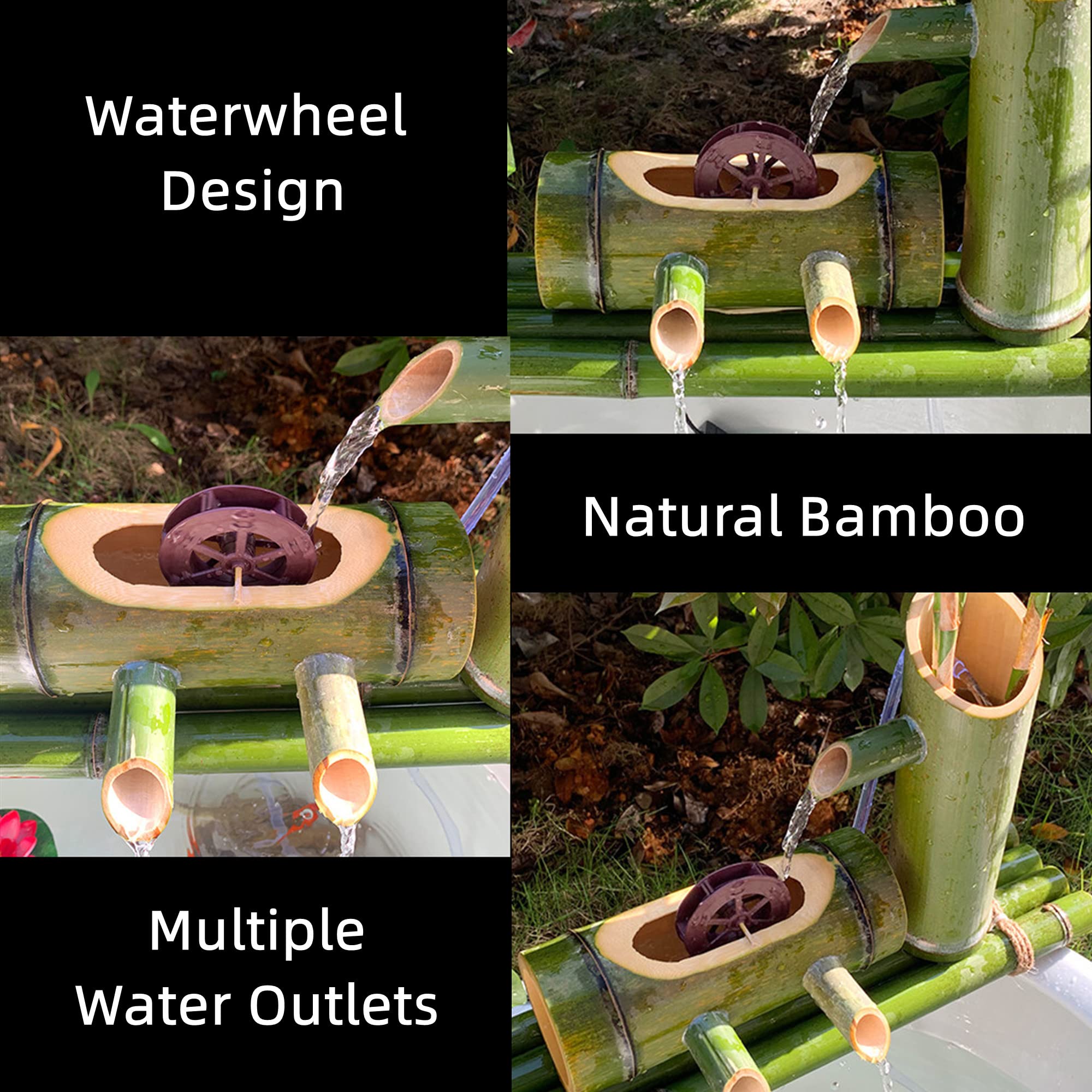 Fontana D'Acqua In Bambù, Fontana Con Mulino A Vento Rotante Per Decorazione Da Giardino, Sistema Di Circolazione Dell'Acqua A Flusso Multidirezionale, Per Laghetto, Roccia, Vasca In Pietra, 90 Cm, 3