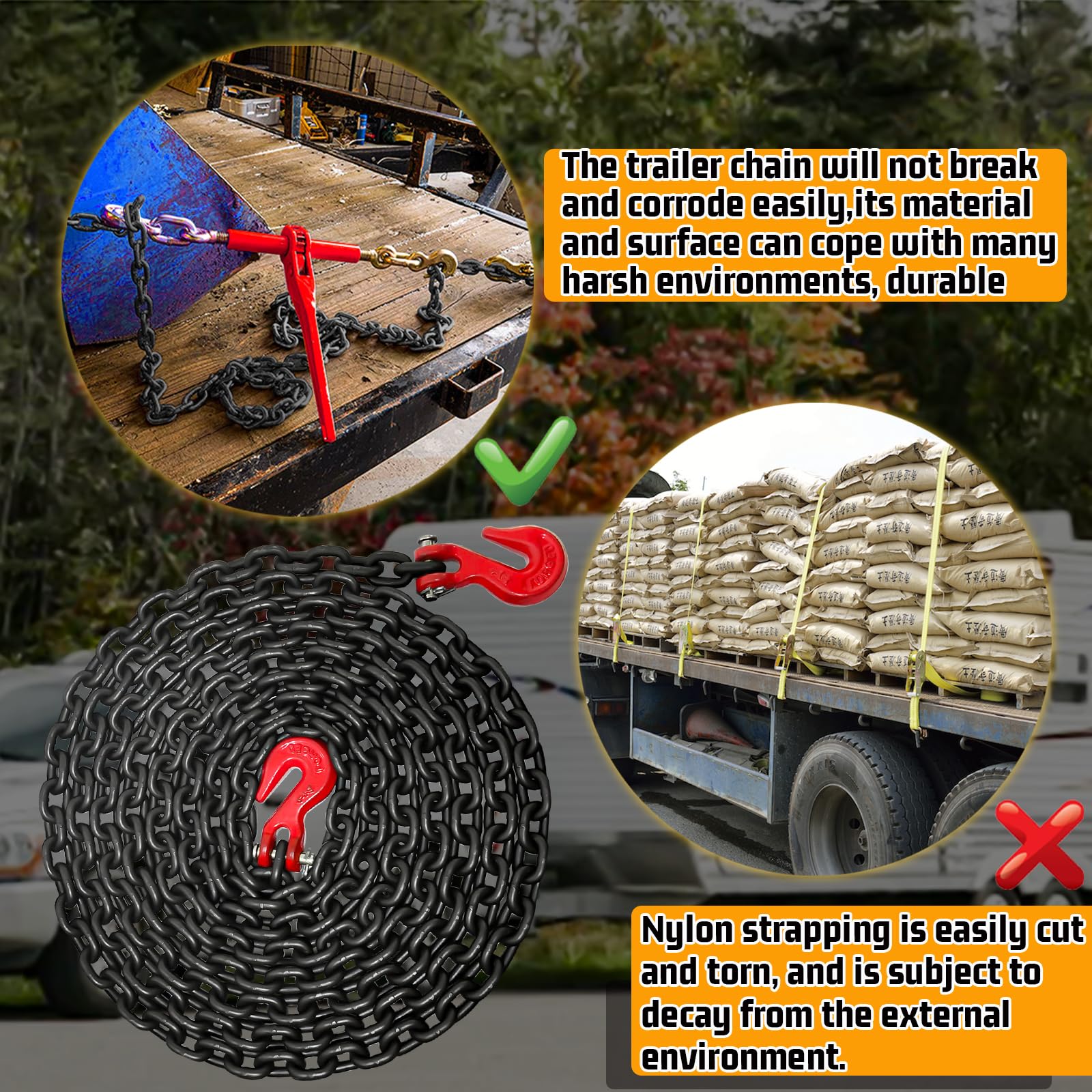 Cadena de remolque de 1/4 pulgadas, cadena de seguridad de transporte G80 con gancho de agarre de horquilla G70 para remolque, cadena de tronco de 16 pies Wll 3300 libras, cadena resistente