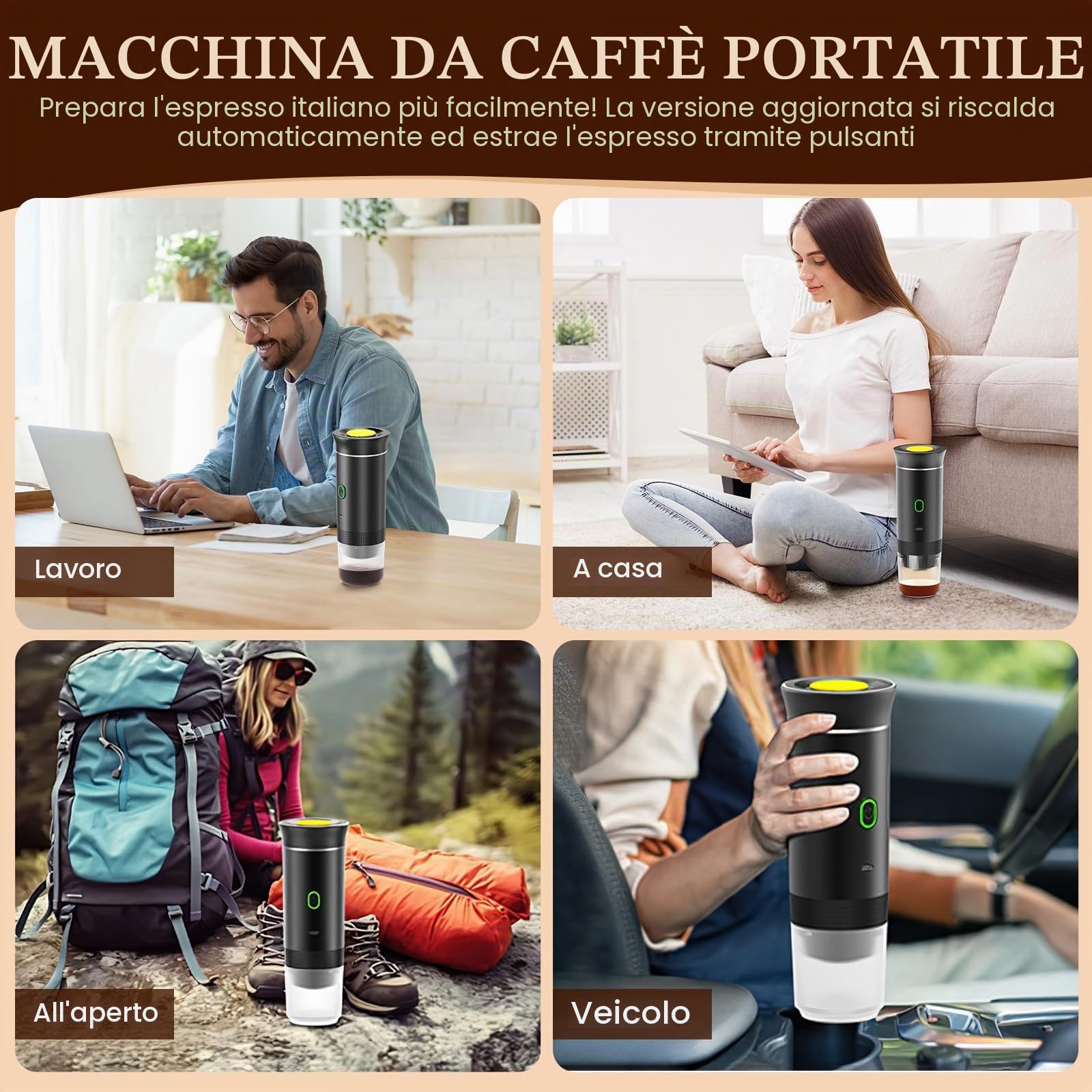 Macchina da Caffè 3 in 1, 4-6 Minuti di Auto-Riscaldamento, per Espresso, Piccole Capsule, Grandi Capsule, Caffè Macinato, Portatile per Ufficio, Casa, Auto, Bianco