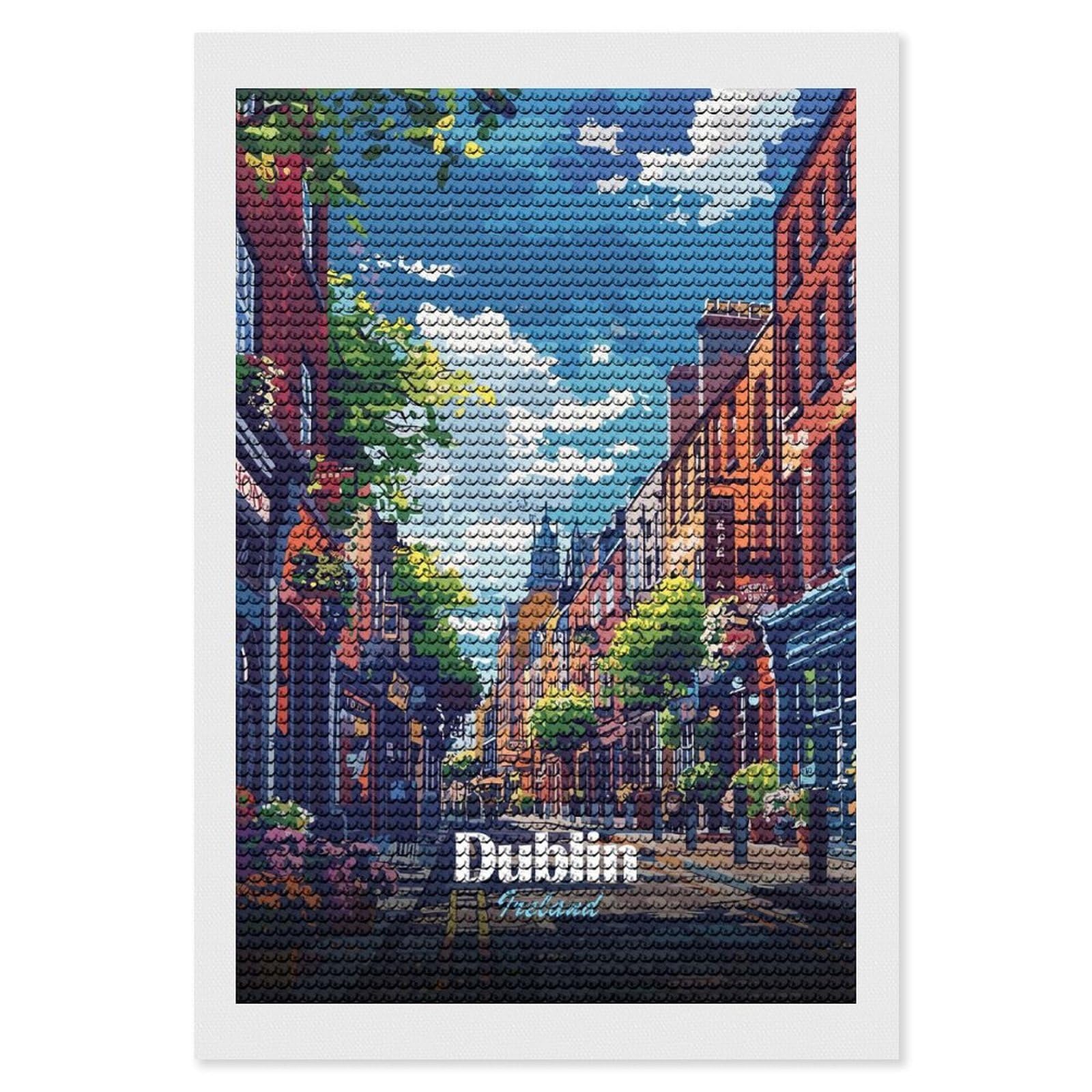 Junmoney Dublin, Ireland Street View Illustration Diamond Art Canvas 8"x12", for Creative Relaxation, Simple to Start, Aesthetic Room Decor, Holiday Gift Idea