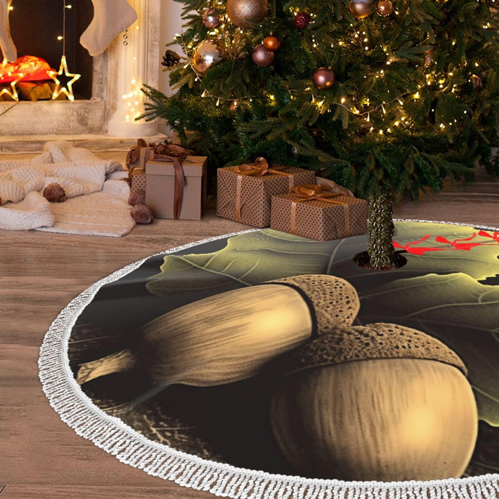 Jupe de sapin de Noël 121 cm avec deux glands, tapis de sol pour douce ambiance de fête