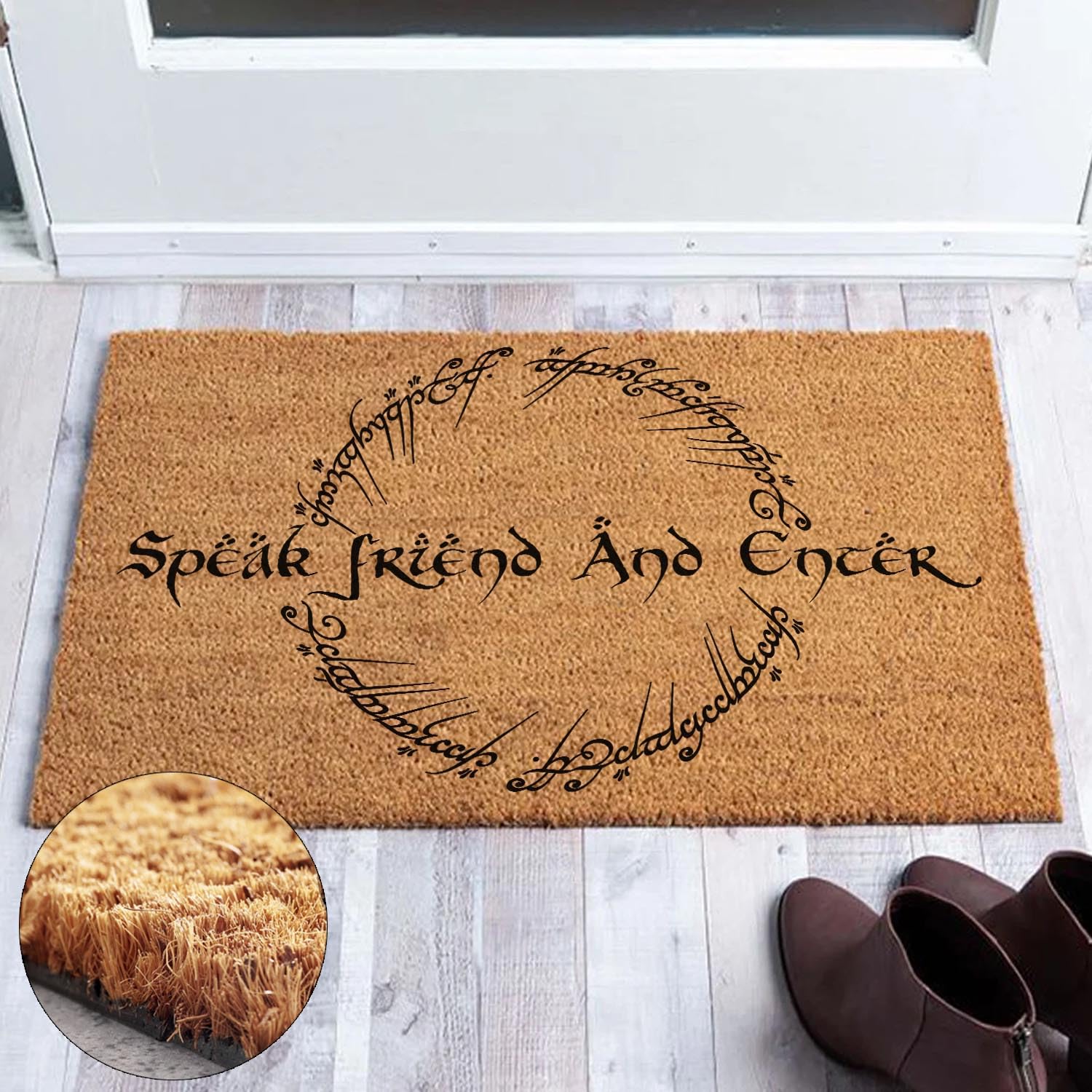 Lustige Kokosfaser-Fußmatte "Herr der Ringe" mit Aufschrift "Speak Friend and Enter Welcome", Fußmatte für den Eingang, personalisierte Teppiche mit robuster Rückseite, Kokosfaser, 59.9x39.9 cm