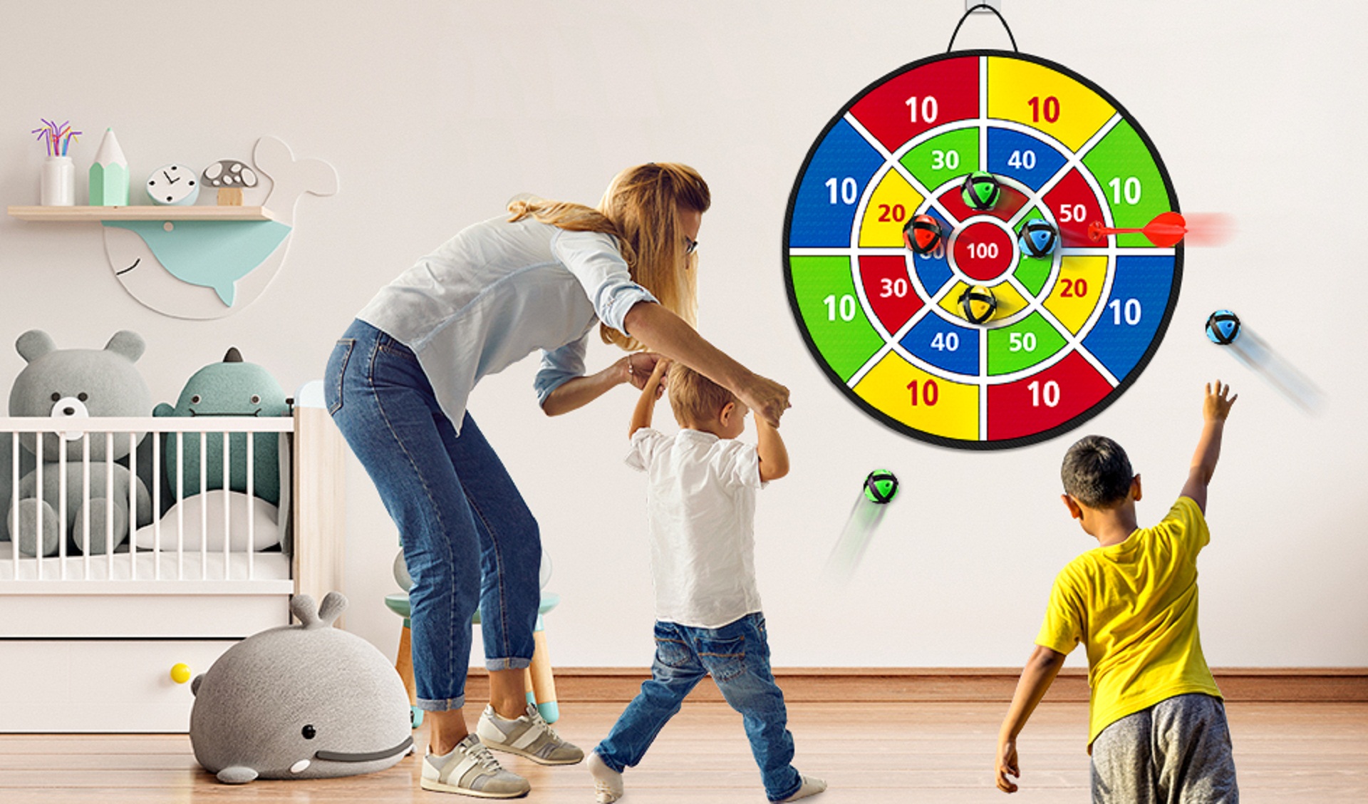 Jeu De Fléchettes Pour Enfants - Cible 74 Cm Avec 8 Balles Collantes, 4 Fléchettes - Intérieur/Extérieur, 3-12 Ans - 8