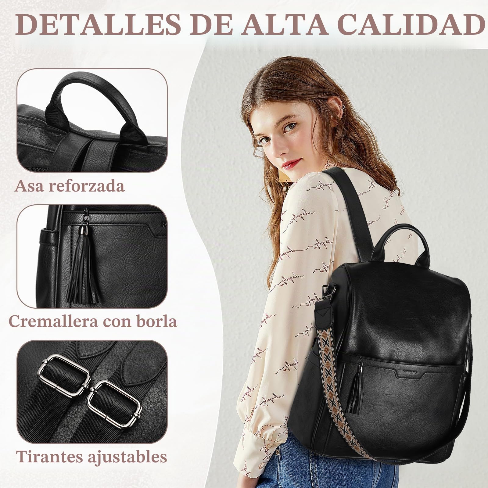 RAVUO Bolso Mochila Mujer, Mochilas Antirrobo de Cuero PU Impermeable 2pcs Set Bolsa de Mano Mochilas Casual para Escuela Viaje Compras,Nergo