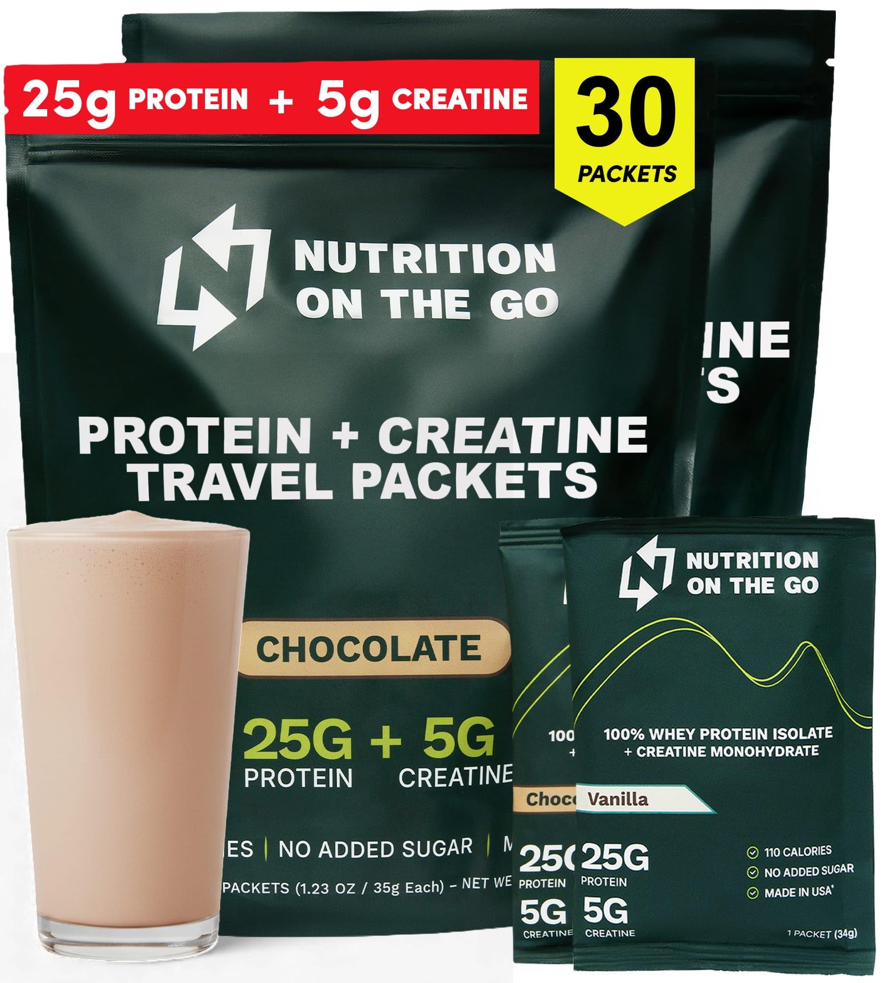 Nutrition On The Go Whey Protein Isolate Packets with Creatine – 25g Protein + 5g Creatine – Single-Serve Travel Protein Powder - Variety Pack (